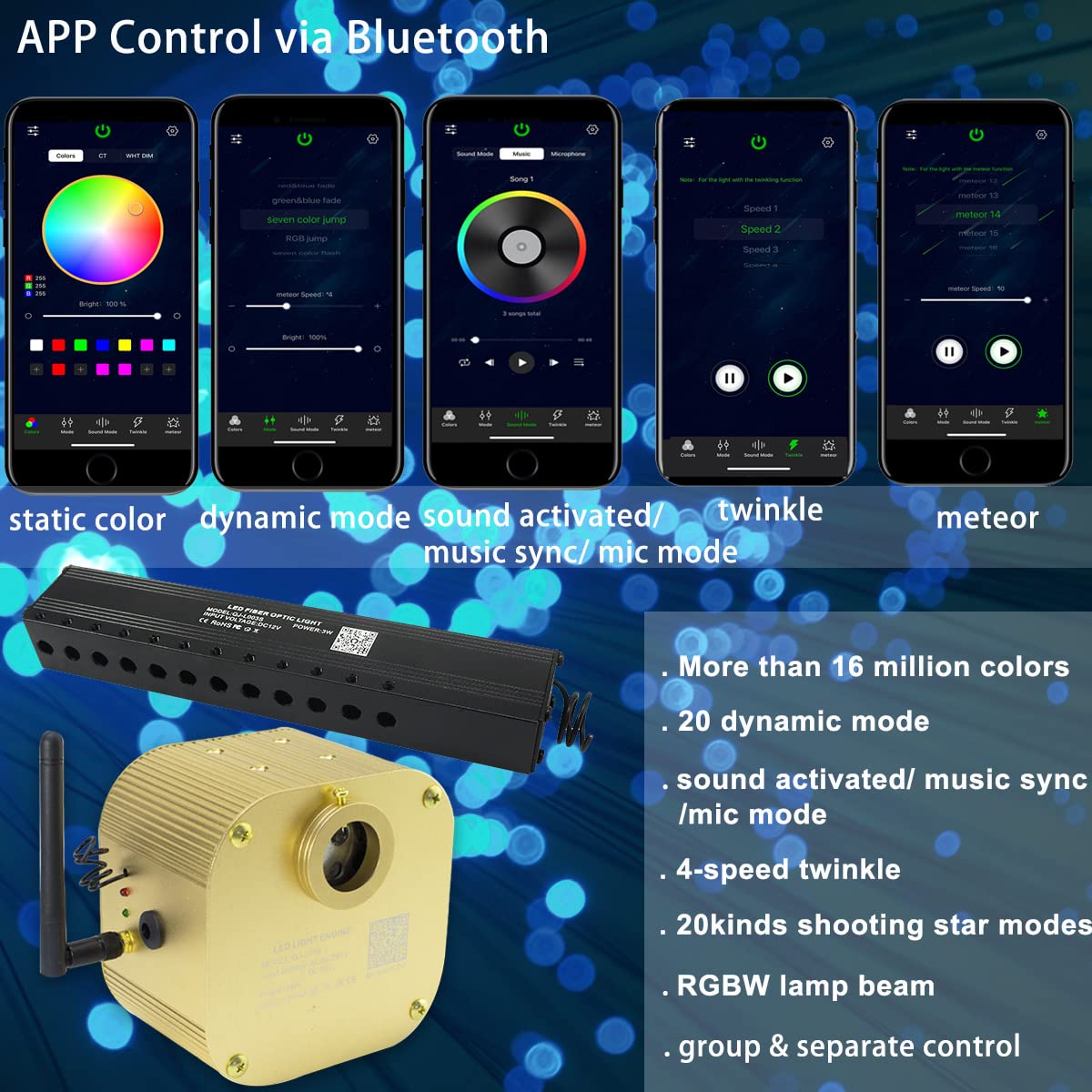 AZIMOM Bluetooth/App Control 16W Twinkle Fiber Optic Light Star