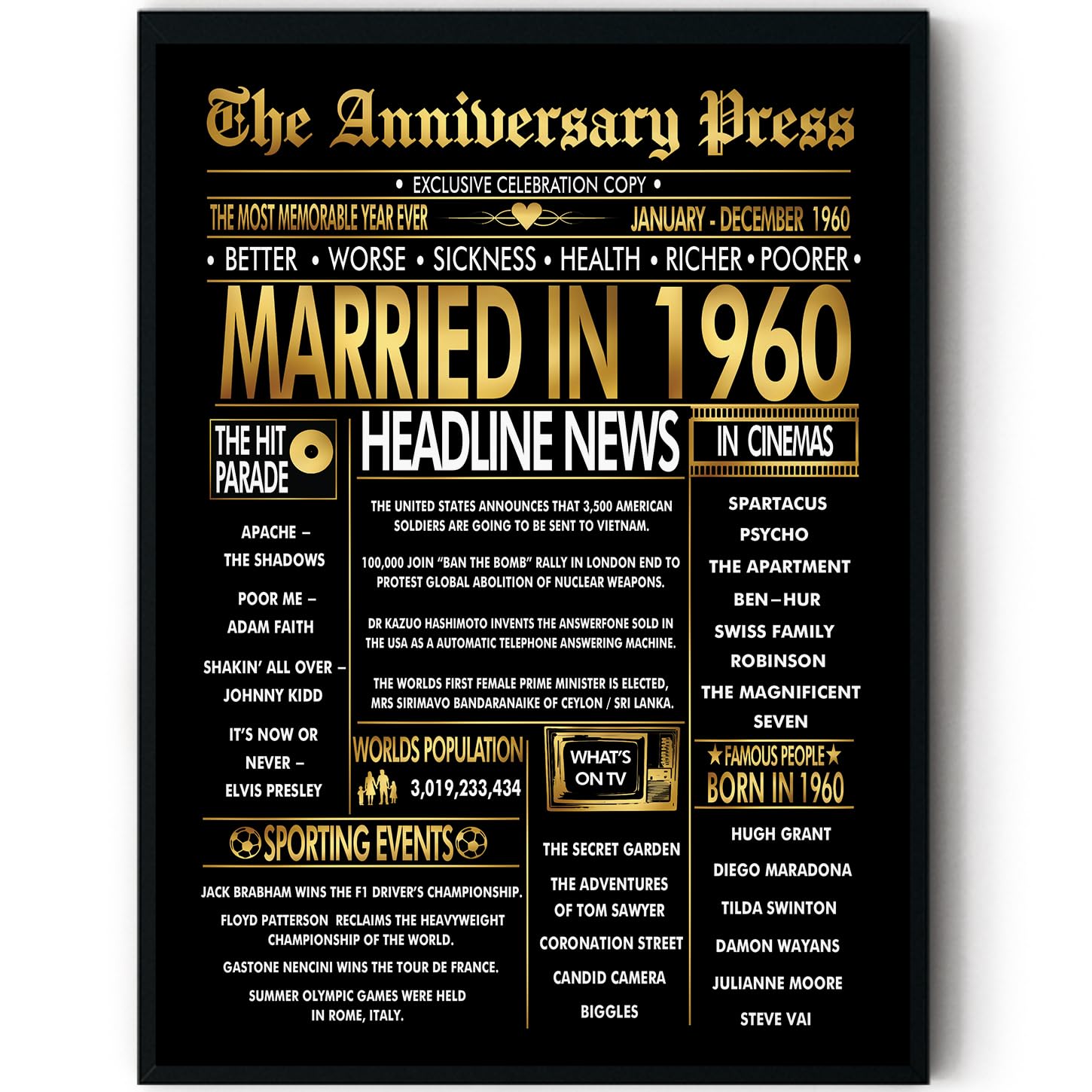 Stuff4 Gold 66th Anniversary Poster Framed - Golden Married In 1960 Newspaper - 66 Anniversary for Men Women Retro Vintage Gifts Back In 1960, 8x10 Inch Bday Party Decor Decoration