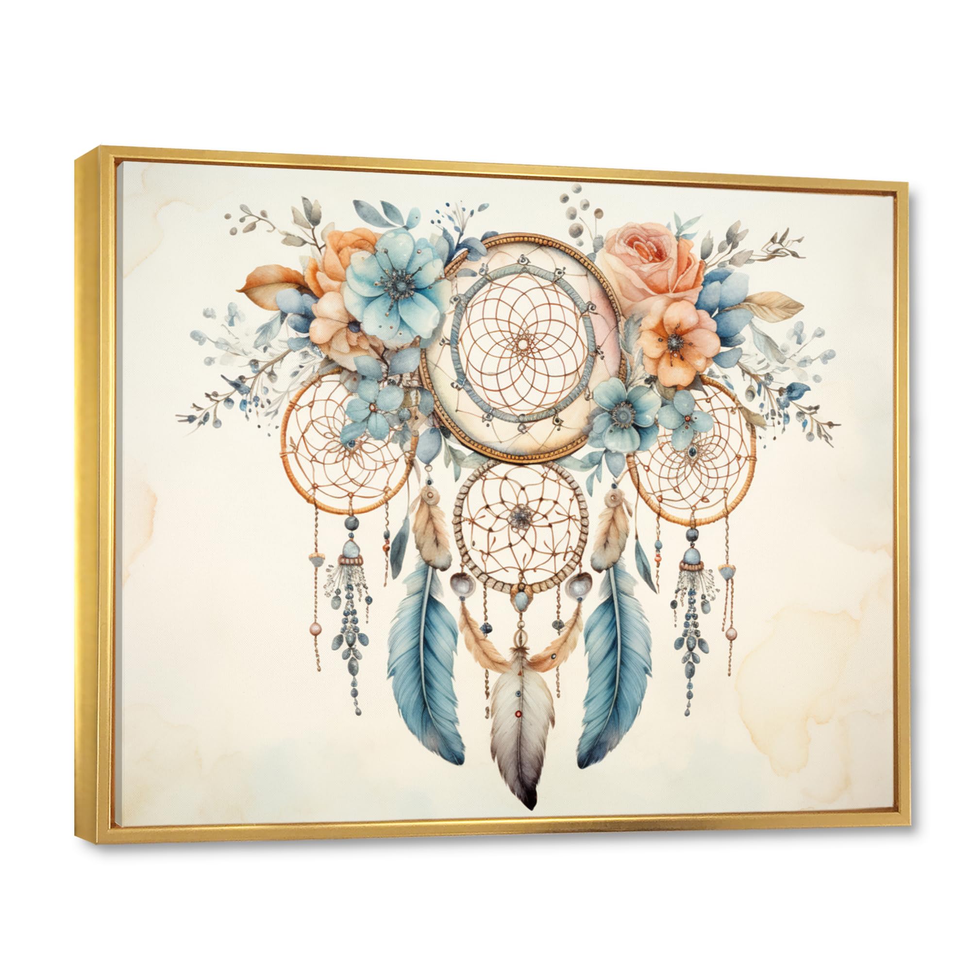 Large Dream catcher framed wall Art, Blue Dreamcatcher Vintage Whispers, Dream catcher framed wall art decor, Teal Traditional Gold framed wall art, 32x16 inches Gold Frame
