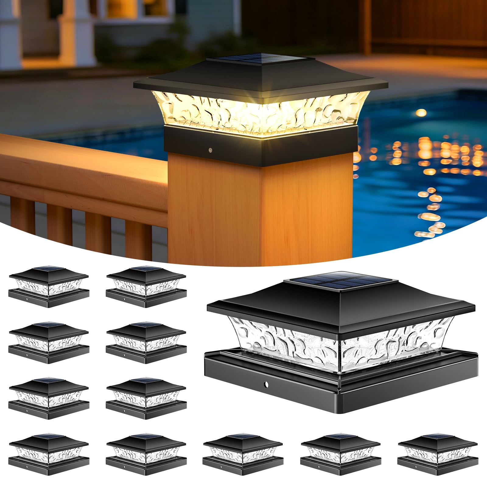 NIORSUN Solar Pfostenleuchte, Solar Pfostenkappe für 9 * 9 10x10 12 * 12cm usw. Holz/Vinyl Pfosten, IP64 Wasserdicht, Warm-/Kaltweißes Licht, Solarlampen für Zaunpfosten, Terrasse, Garten Deko