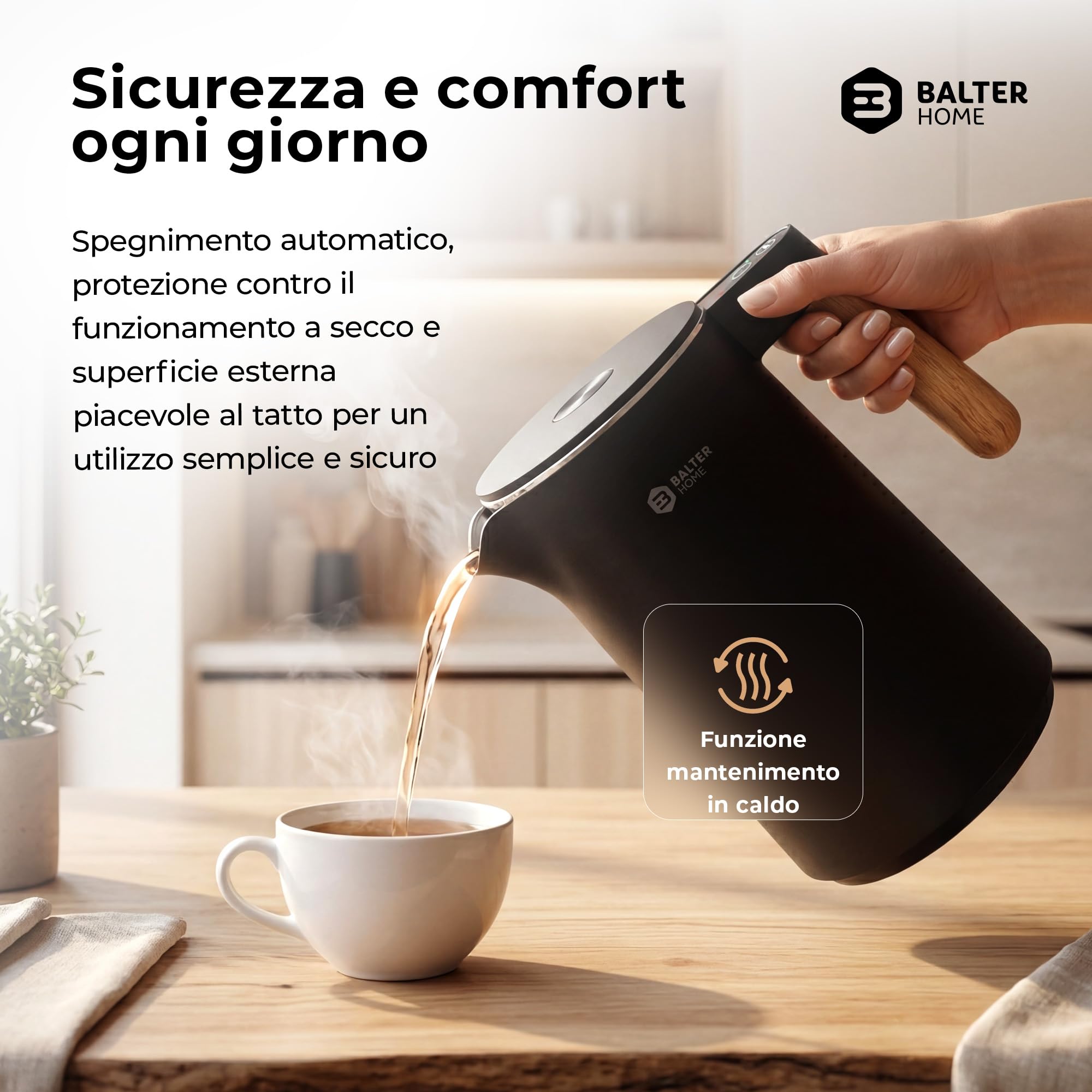 BALTER Bollitore elettrico temperatura regolabile, Acciaio Inox, 45 °C - 100 °C, kettle, doppia parete, senza BPA, 1,5 l, 2200 W, nero