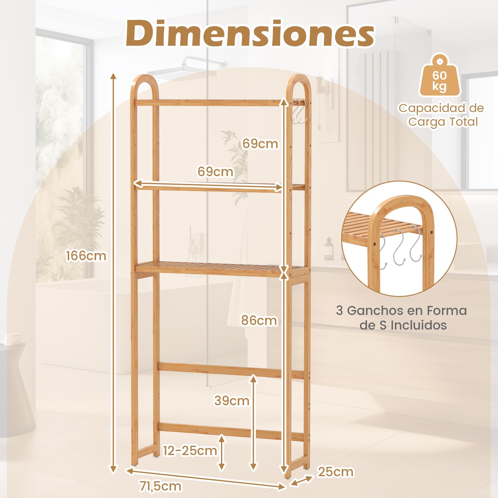 COSTWAY Estantería de Almacenamiento sobre Inodoro, Organizador de Baño de Bambú de 3 Niveles con Estantes de 5 Posiciones, 3 Ganchos, Barra Inferior Ajustable, Ahorra Espacio para Cuarto de Lavado