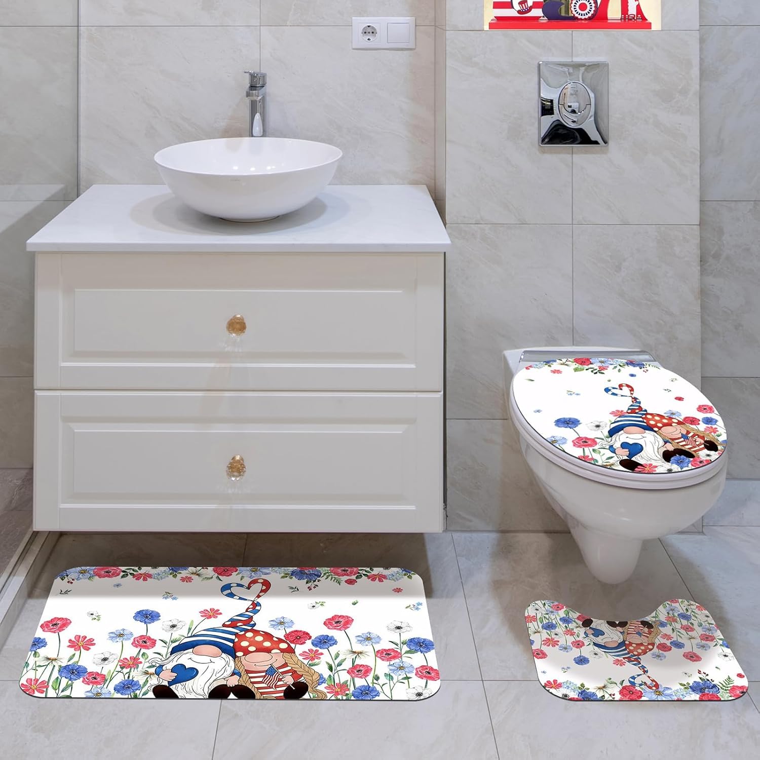 Aperturee 4th of July Shower Curtain Set 4-Piece, Patriotic Flag Stripes Red Blue Floral Bathroom Decor for Independence Day, Memorial Day, July 4th with Dwarf Star Motifs