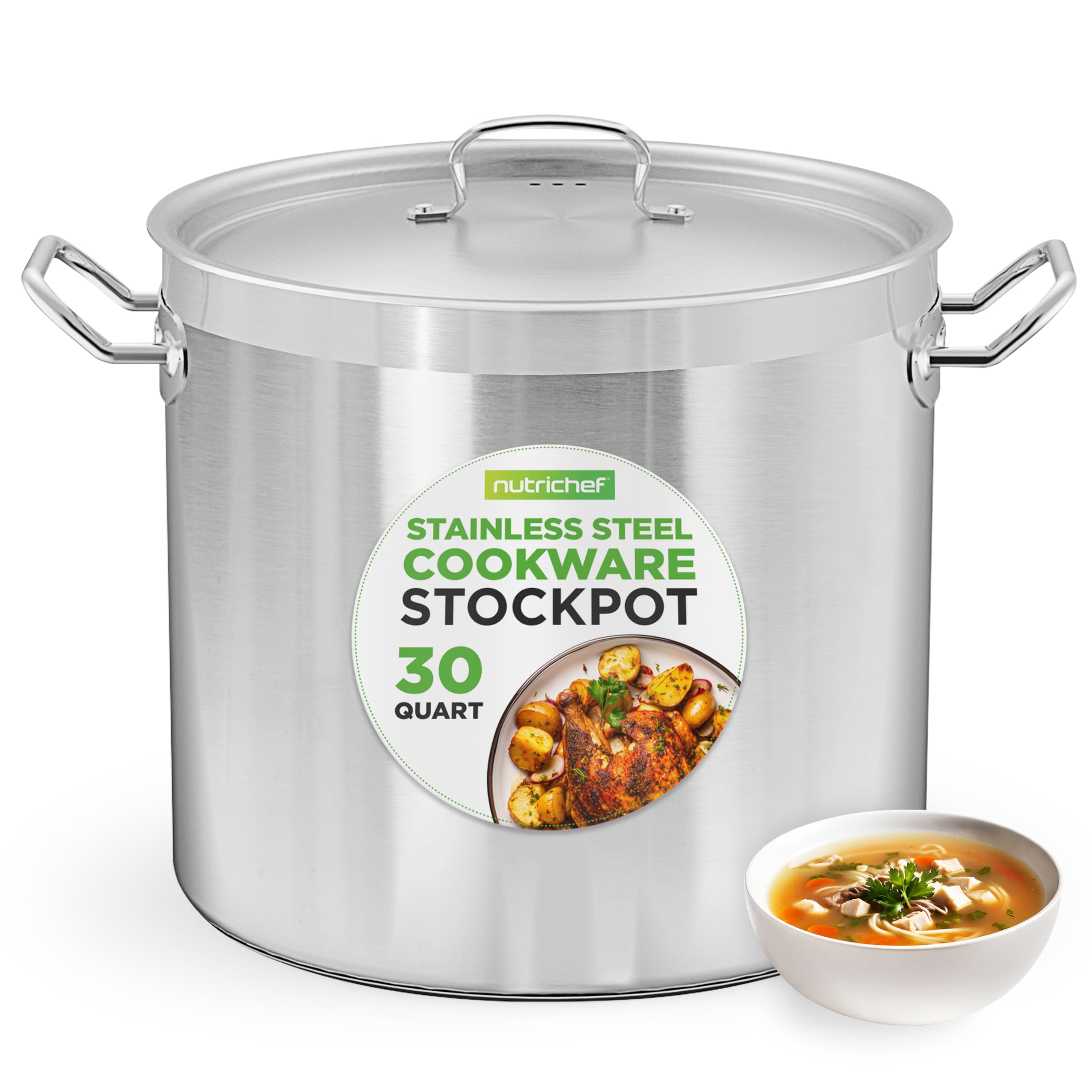 Nutrichef Stainless Steel Cookware Stockpot, 30 Quart Heavy Duty Induction Soup Pot With Stainless Steel Lid And Strong Riveted Handles, Even Heat Distribution, Compatible With Most Cooktops