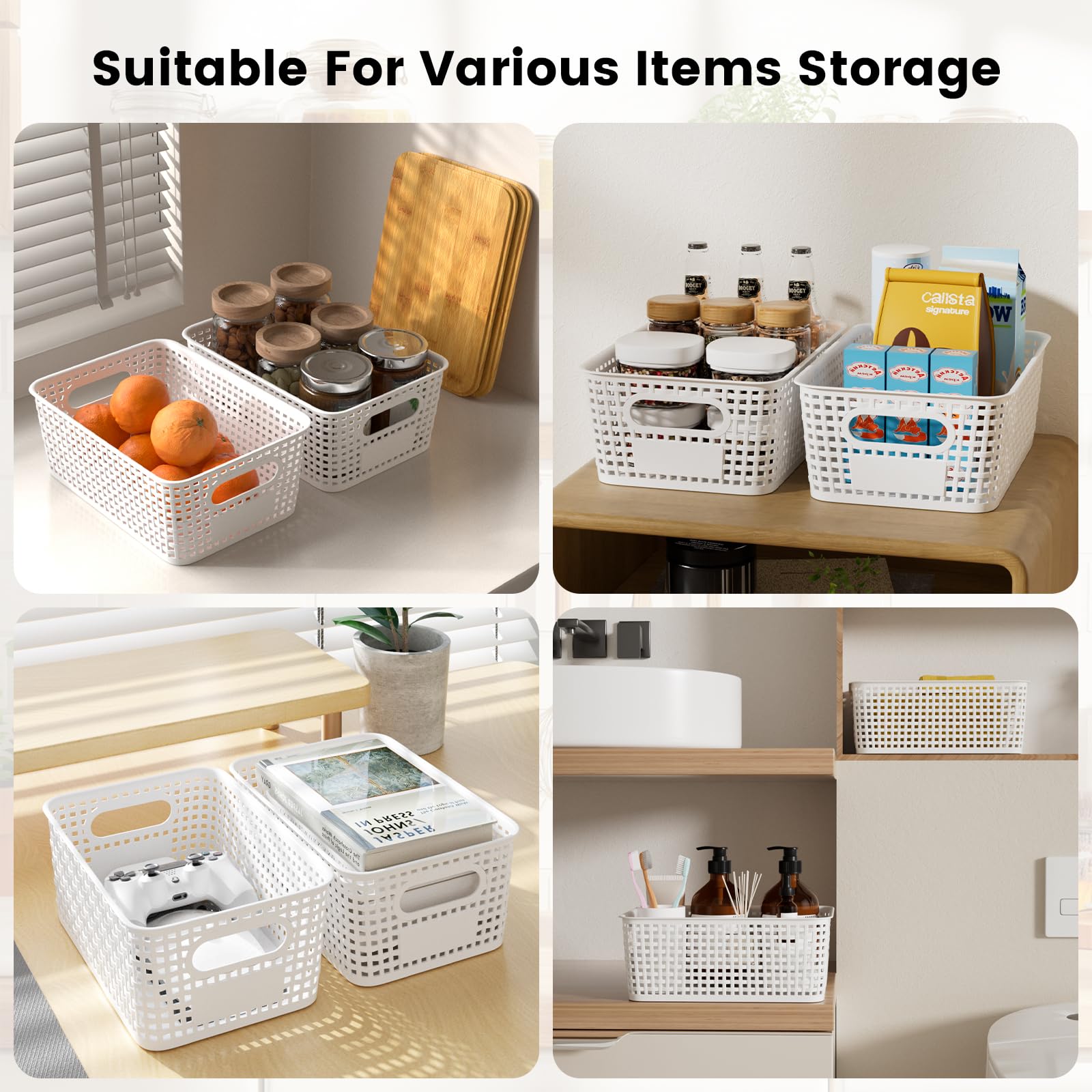 Set di 3 5L Scatole portaoggetti di Plastica con Bambù Coperchio Impilabili Salvaspazio Storage Cestini per Bagno Cucina Armadio Ufficio