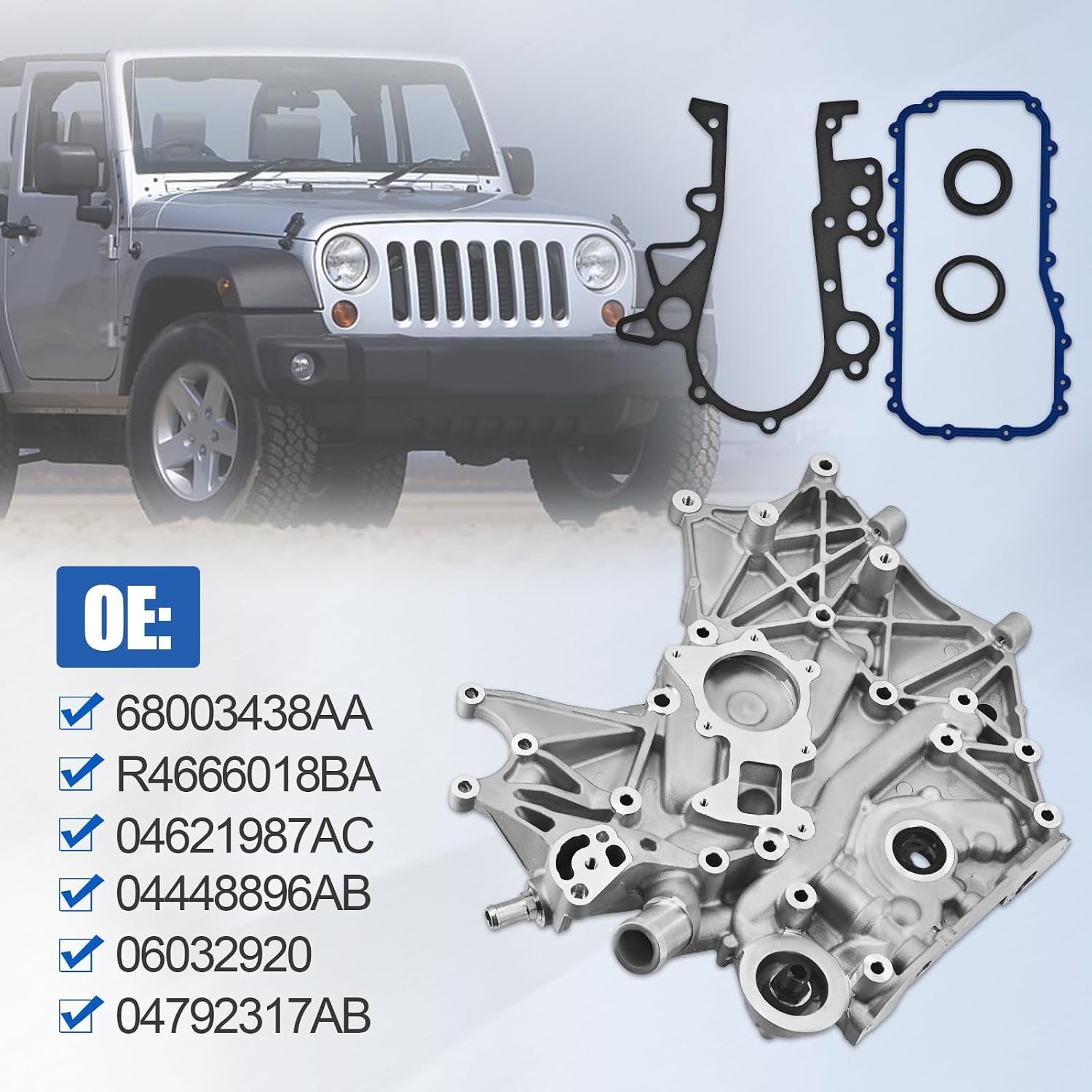 68003438AA Timing Chain Cover w/Oil pump & Gasket Kit Replacement for Jeep Wrangler JK JKU JKUR 3.8L V6 2007-2011 68003438AA R4666018BA 04621987AC 04448896AB