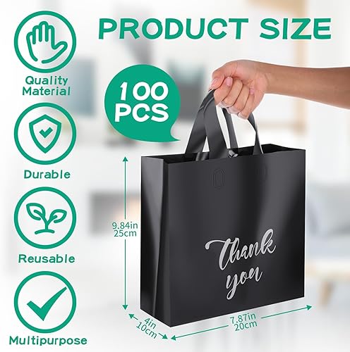 Miniatura 2 de Yeaqee 100 bolsas de agradecimiento de 8 x 10 pulgadas, extra gruesas, con asas, color negro, esmerilado, reutilizables, para boutique, mercancía,