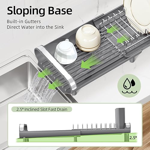 Miniatura 6 de TOOLF Escurridor de platos pequeño, mini escurridor compacto expandible, escurridor de platos delgado y extensible de acero inoxidable para