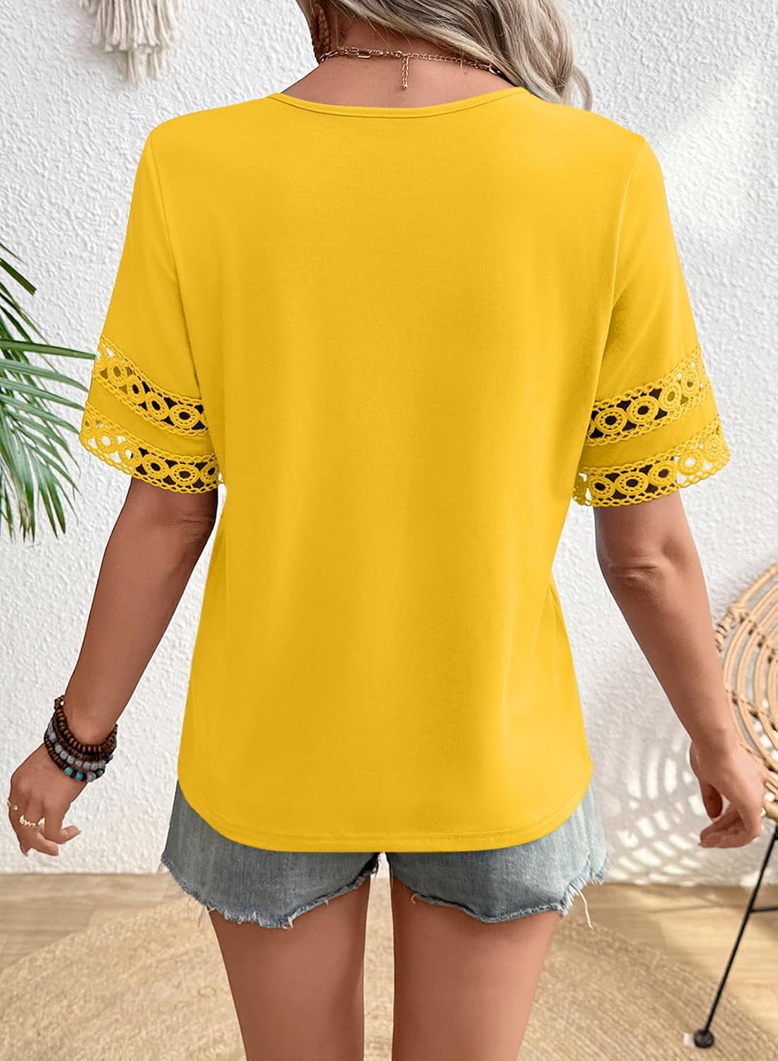 SHEWIN Womens Tops Crewneck Hollow Out Short Sleeve Shirts Lace Spring Blouses Tee Summer Tops for Women 2026