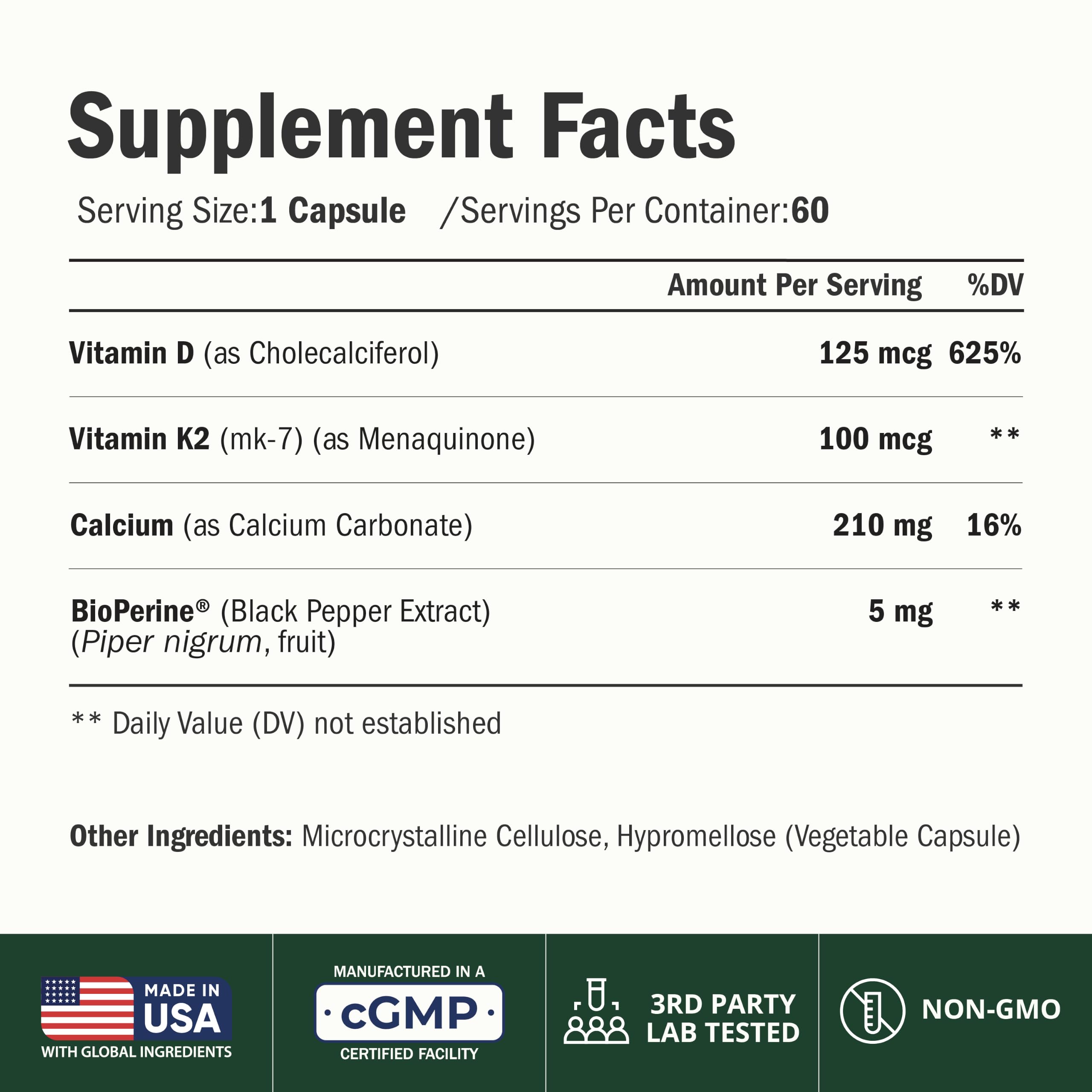 Vitamin D3 K2 Calcium Supplement – Vitamin D3 5000 IU, K2 MK7 – 60 Capsules — Amazon image 2