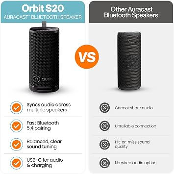 Auris Orbit S20 Portable Bluetooth Speaker with Auracast Broadcast Audio | Wireless portable speaker with rich sound featuring Auracast broadcast audio for seamless multi-device streaming and sharing