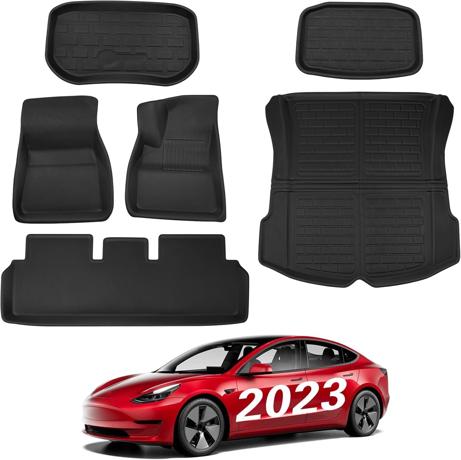 BASENOR 6PCS Floor Mats for Tesla Model 3 All-Weather Full Set Mats Anti-Slip Cargo Liner 3D Rear Cargo Tray Trunk Mat Car Mats Proprietary Design Custom Fit Model 3 Accessories 2021-2023