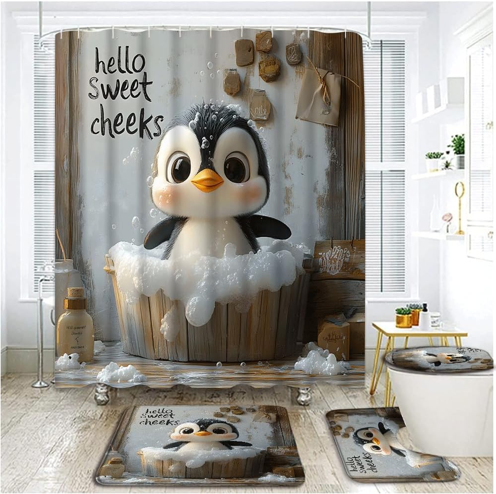 4 Piece Cute Penguin Shower Curtain Set with Rugs, Toilet Lid Cover,Funny Cartoon Antarctic Ice Field Penguin Bubble Soapy Water in The Bathtub Creative Animal Bathroom Shower Curtain with Hooks