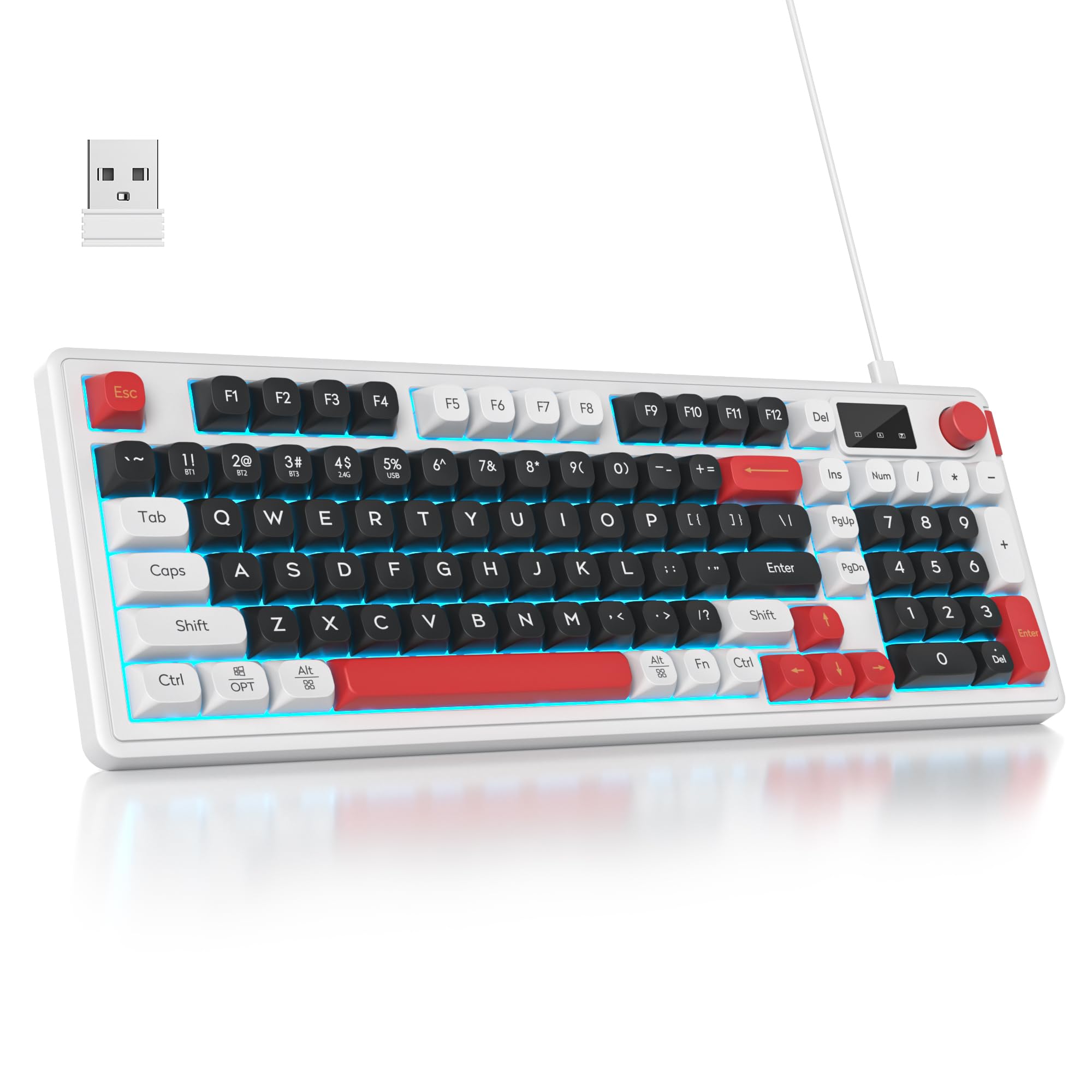 96% bezprzewodowa klawiatura do gier, cicha membrana, z mechanicznym dotykiem, klawiatura numeryczna, układ QWERTY Amerykański układ, Bluetooth/2.4G/USB RGB, kremowa, L98 czarna