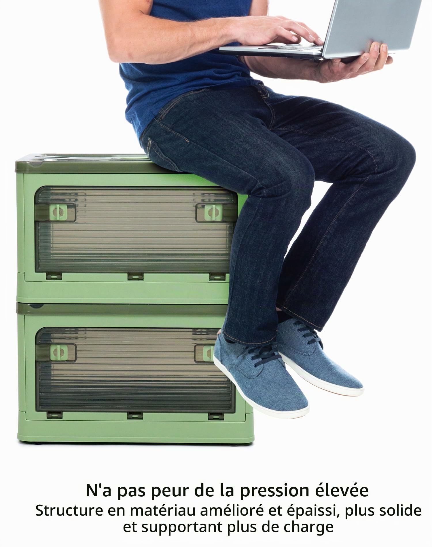 QWORK® 2 Pièces boîtes de rangement pliables avec couvercles, empilables, transparentes, boite de rangement à roulettes, 40.5 * 29 * 24CM