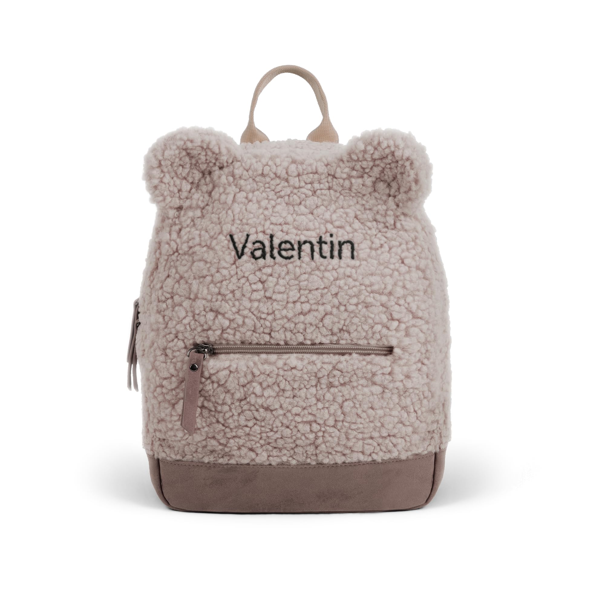 YourSurprise Personalisierbarer Rucksack aus Moumoute – personalisierbarer Beutel mit Namen Bestickt, Reißverschluss und beigem Griff (Kleinkind – Taupe)
