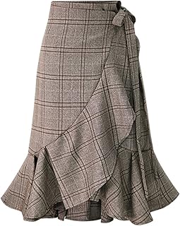 Women's Elegant Work Wear Adjustable Waist Flounce A-Line Plaid Midi Wrap Skirt