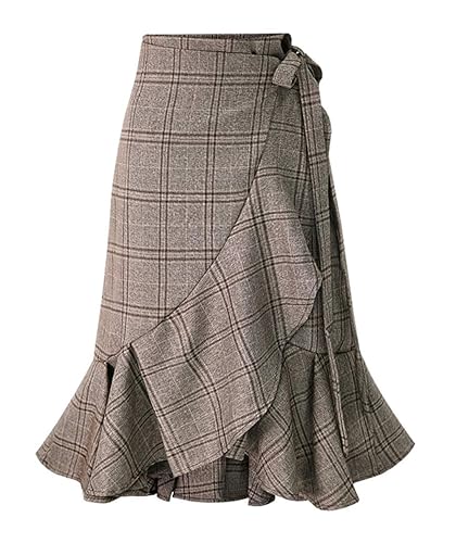Women's Elegant Work Wear Adjustable Waist Flounce A-Line Plaid Midi