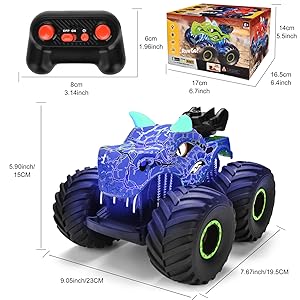 Onadrive Remote Control Monster Truck - 2.4GHz Dinosaur RC Car Toys for 3-8 Years Old Boys Kids, All Terrain Truck Off Road with Spray Water, Light, Rechargeable Battery, Christmas Birthday Gifts