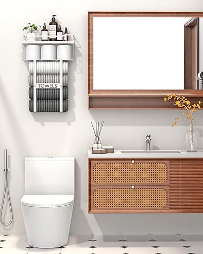 Miniatura 7 de Toalleros para baño montado en la pared, juego de toalleros de pared de baño sobre el inodoro, organizador de toallas enrollado para baño pequeño,