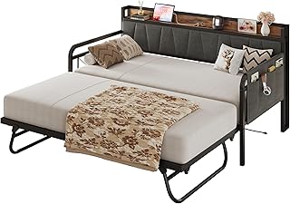 LIKIMIO Daybed with Trundle Bed, Twin Bed Frame with Storage Headboard a...