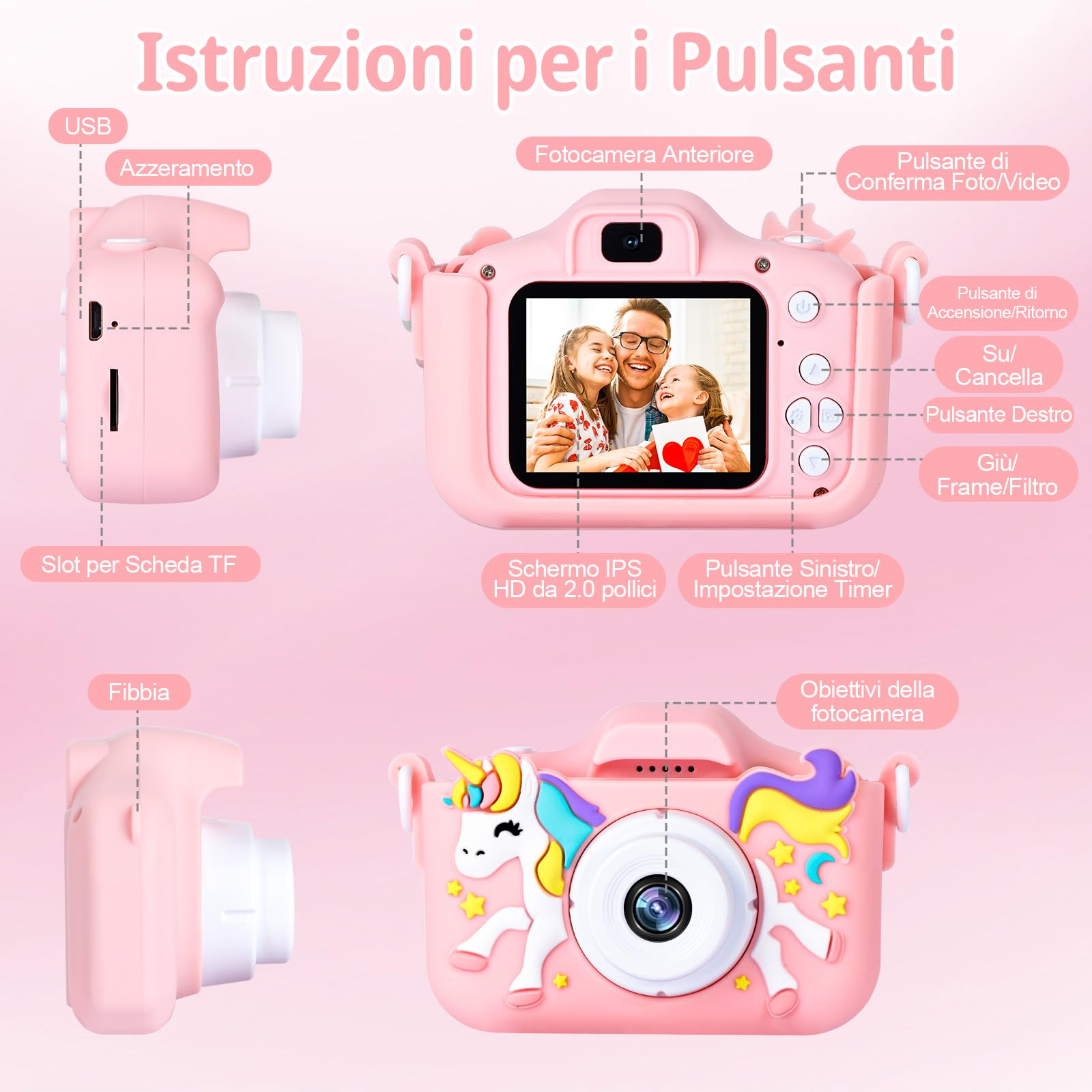 Macchina Fotografica Bambini, 2.0 Pollici Schermo Fotocamera Bambini, 1080P Ricaricabile Fotocamera Digitale con Scheda 32GB, Regali Giocattolo di Natale & Compleanno per Ragazze Ragazzi