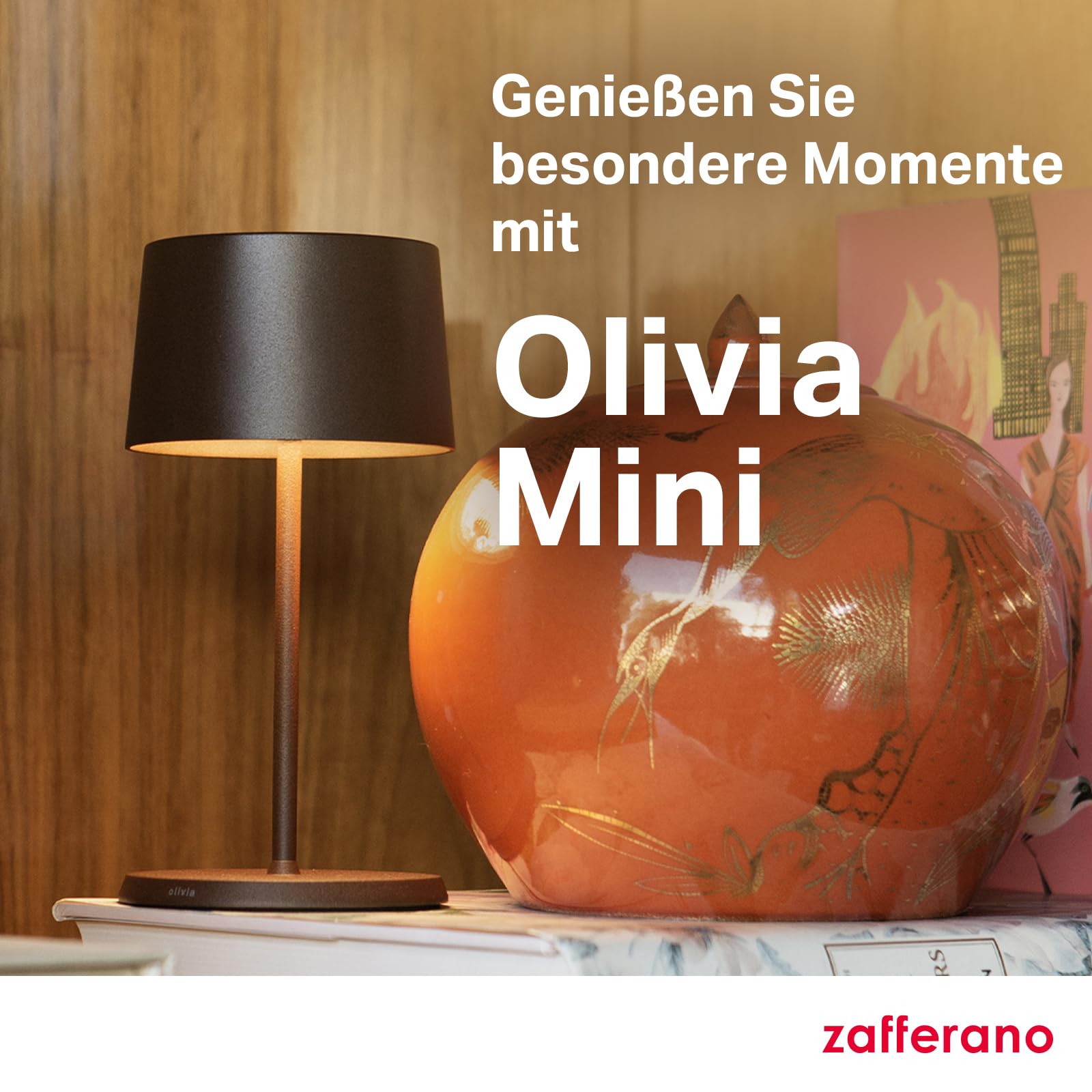 Zafferano, Olivia Mini Lampe, Tragbare und Wiederaufladbare Tischlampe mit Touch Control, Geeignet für Wohnzimmer und Außenbereich, Dimmer, 2200-3000 K, Höhe 22 cm, Farbe Corten