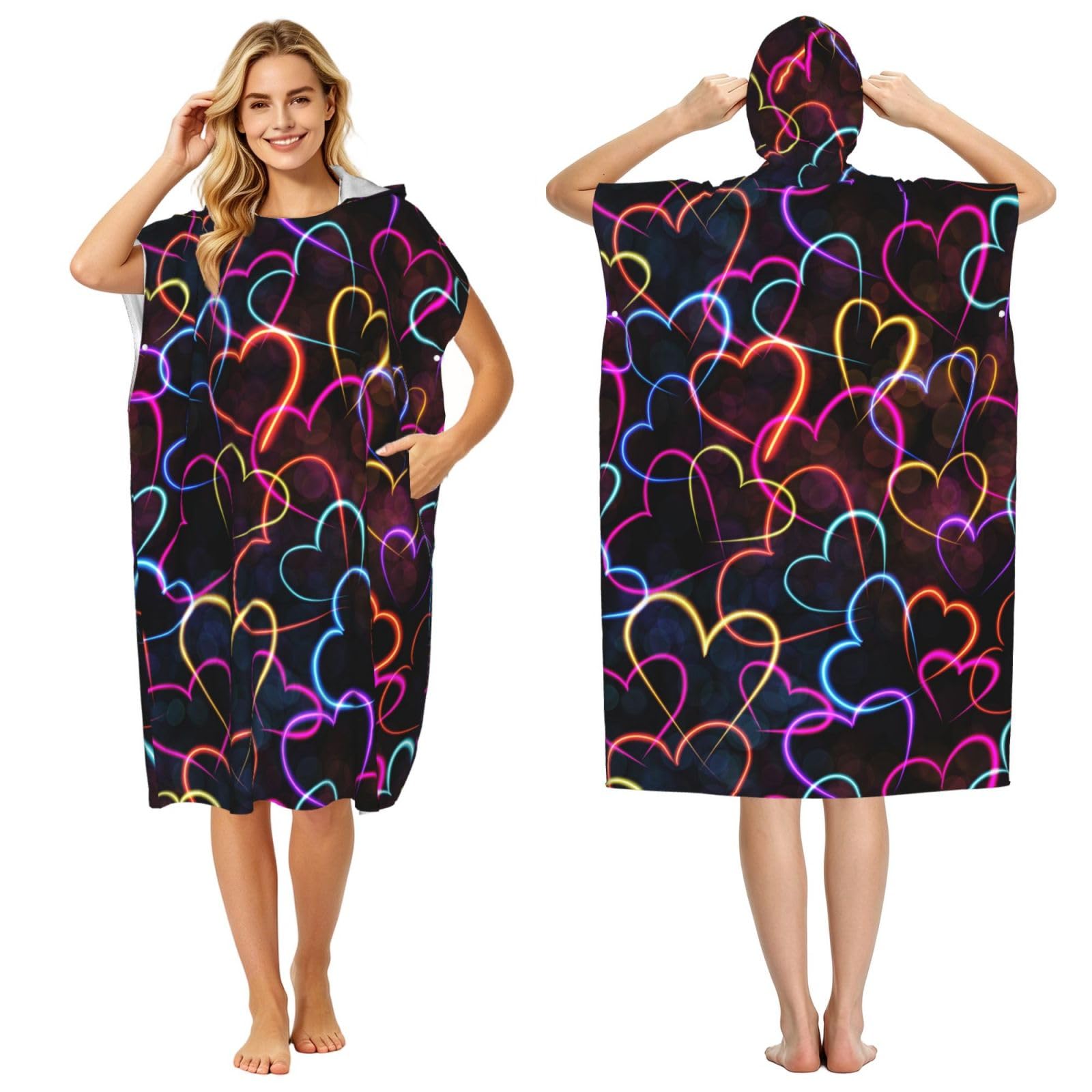 Poadnly Neon Colorful Line Heart Pattern, Adult Hooded Beach Towel 90 x 110 cm,Changing Bath Robe, Surf Poncho Towel For Women Men