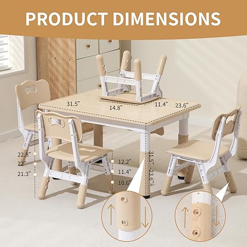 Miniatura 9 de Hulaibit Juego de mesa y silla para niños, juego de mesa y 4 sillas ajustables en altura para niños de 2 a 10 años, máximo 300 libras