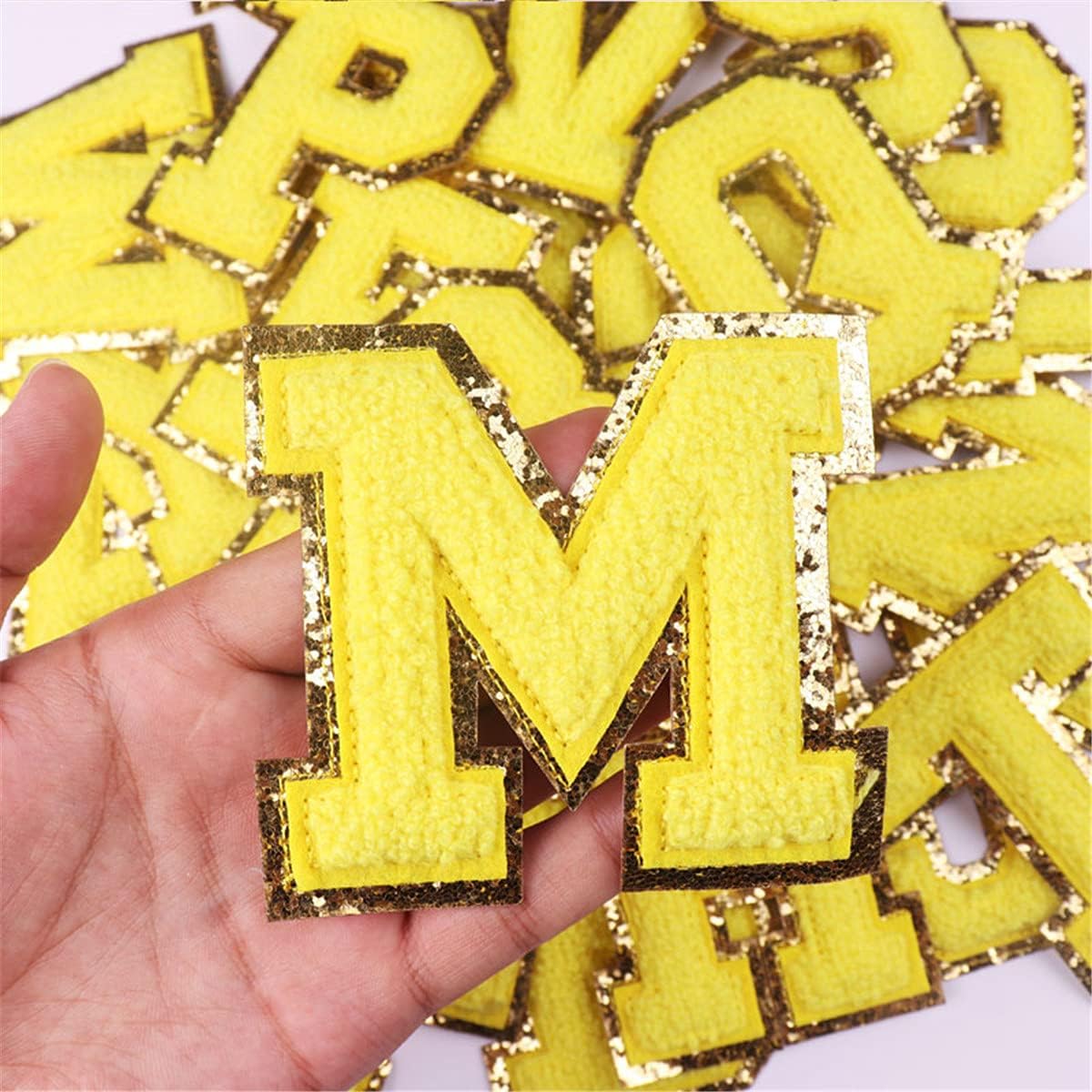 26 Pieces Glitters Patches Iron on Letters Chenille A-Z Patches with Gold Glitters Border, Decorative Repair Embroidered Patches, Personalized Sew On Patches for Clothing Hats, Yellow