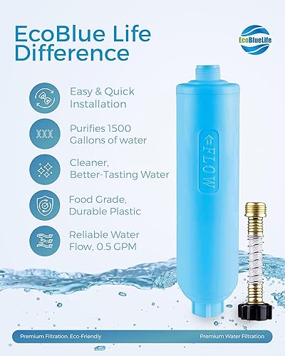 Miniatura 4 de EcoBlueLife Filtro de agua para autocaravana  Accesorio en línea con KDF y carbón activado, reduce olores, sabor a cloro, sedimentos para aguas