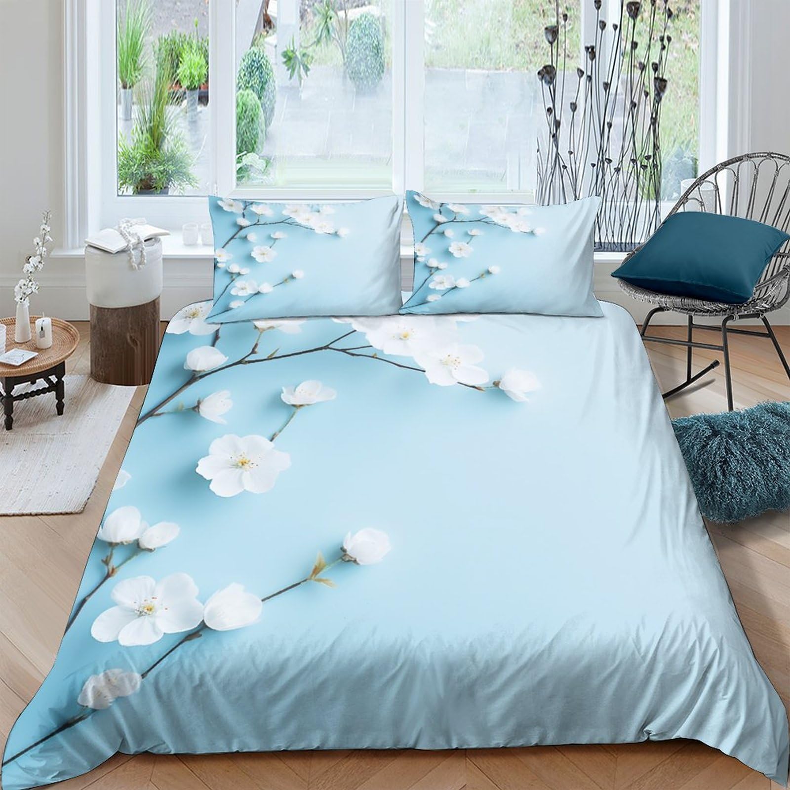 Housses de couettes microfibre King 220x240 multicolore IOFEER parure de lit fleurs blanches