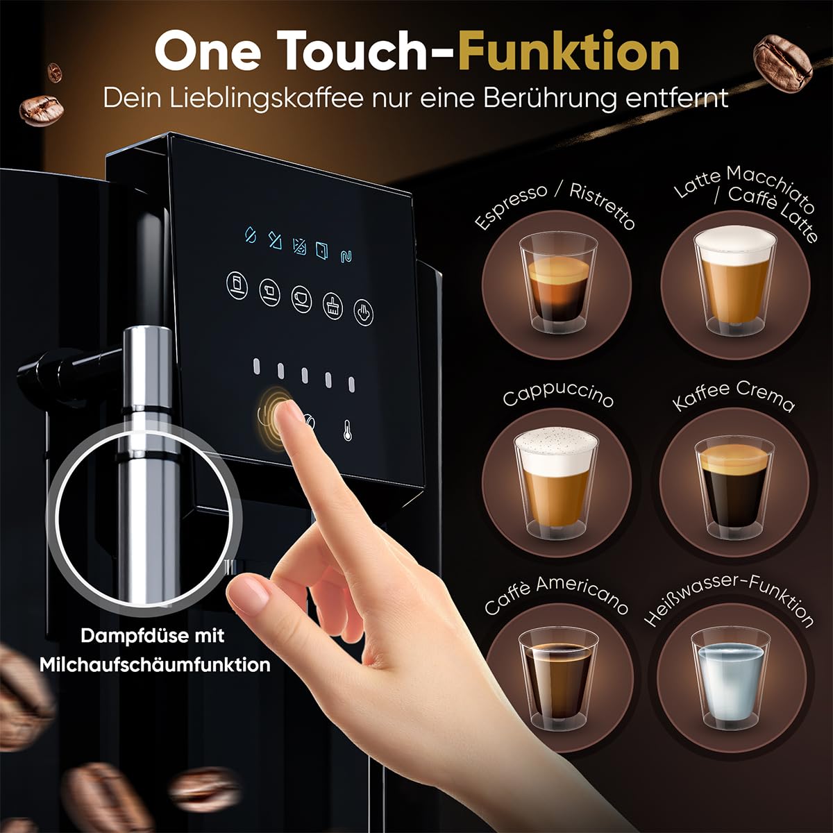 ProfiCook® Kaffeevollautomat mit Milchaufschäumdüse für Cappuccino | Kegelmahlwerk | mit Vorwärmfunktion für Tassen | italienische Profi-Pumpe | Touch-Display | Kaffeemaschine | PC KAV 1281