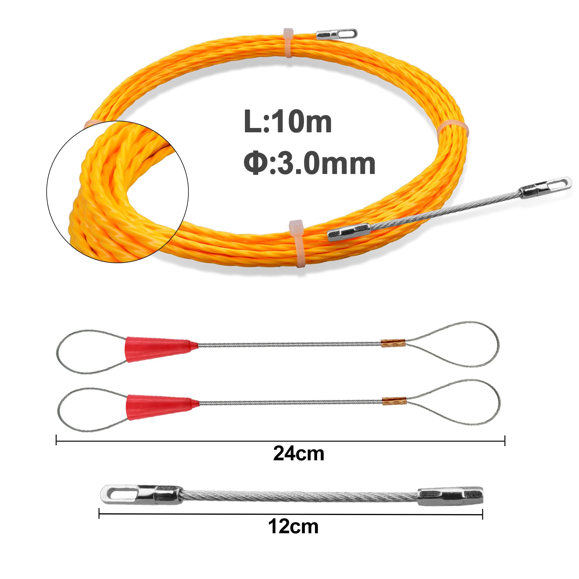 Sonda Passacavi 10m,Sonda Passacavi Professionale,Sonda Elettricista 3mm,Sonda Tiracavi con 2 Molla di Guida,Sonda Tiracavi Cavo,Estrattore Cavi Per Cavi Elettricista（10m,Φ3 mm）