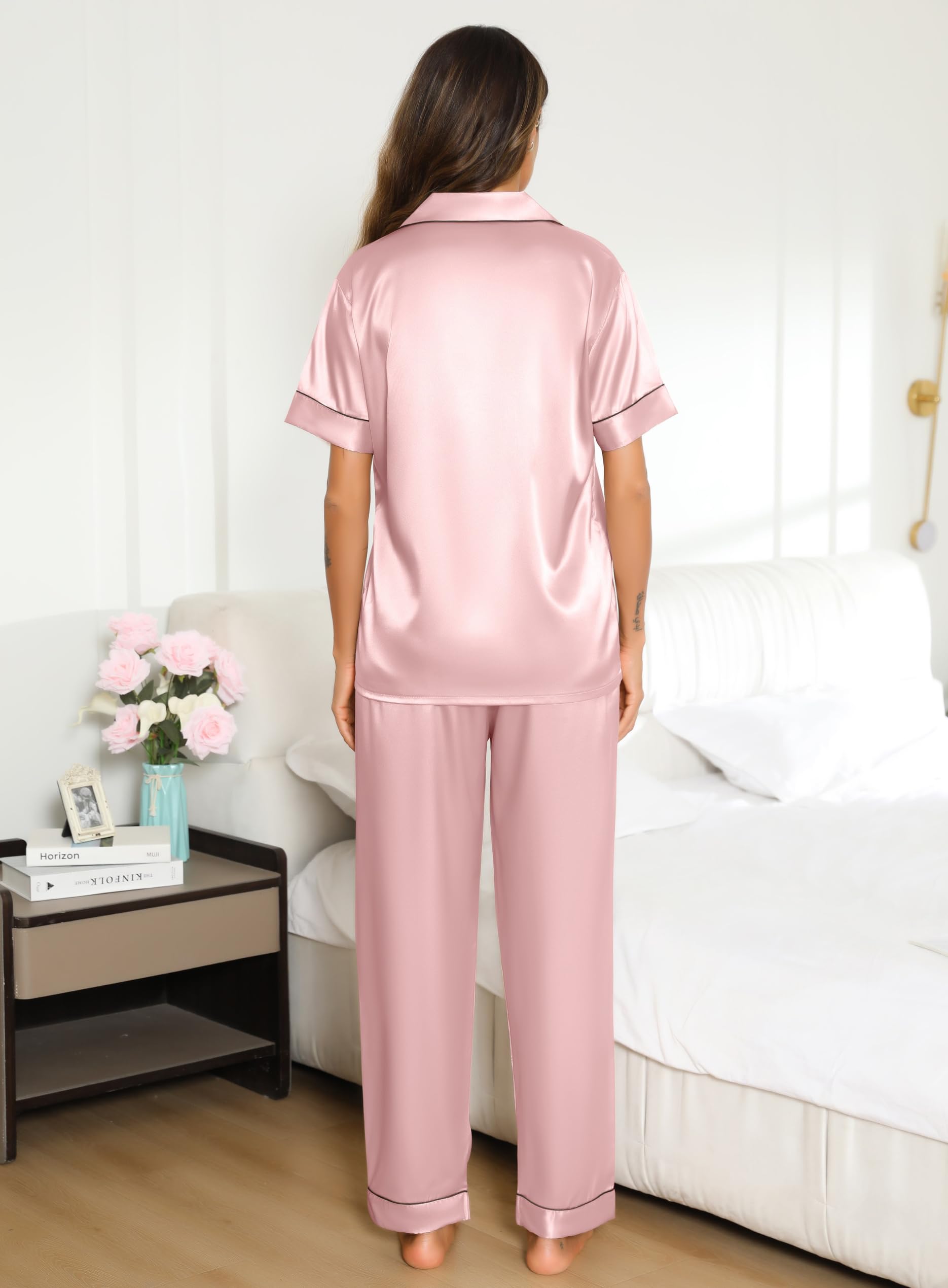 Lovasy Pijama Saten Mujer Manga Corta Botones Conjunto De Pijama Mujer Largo 2 Piezas