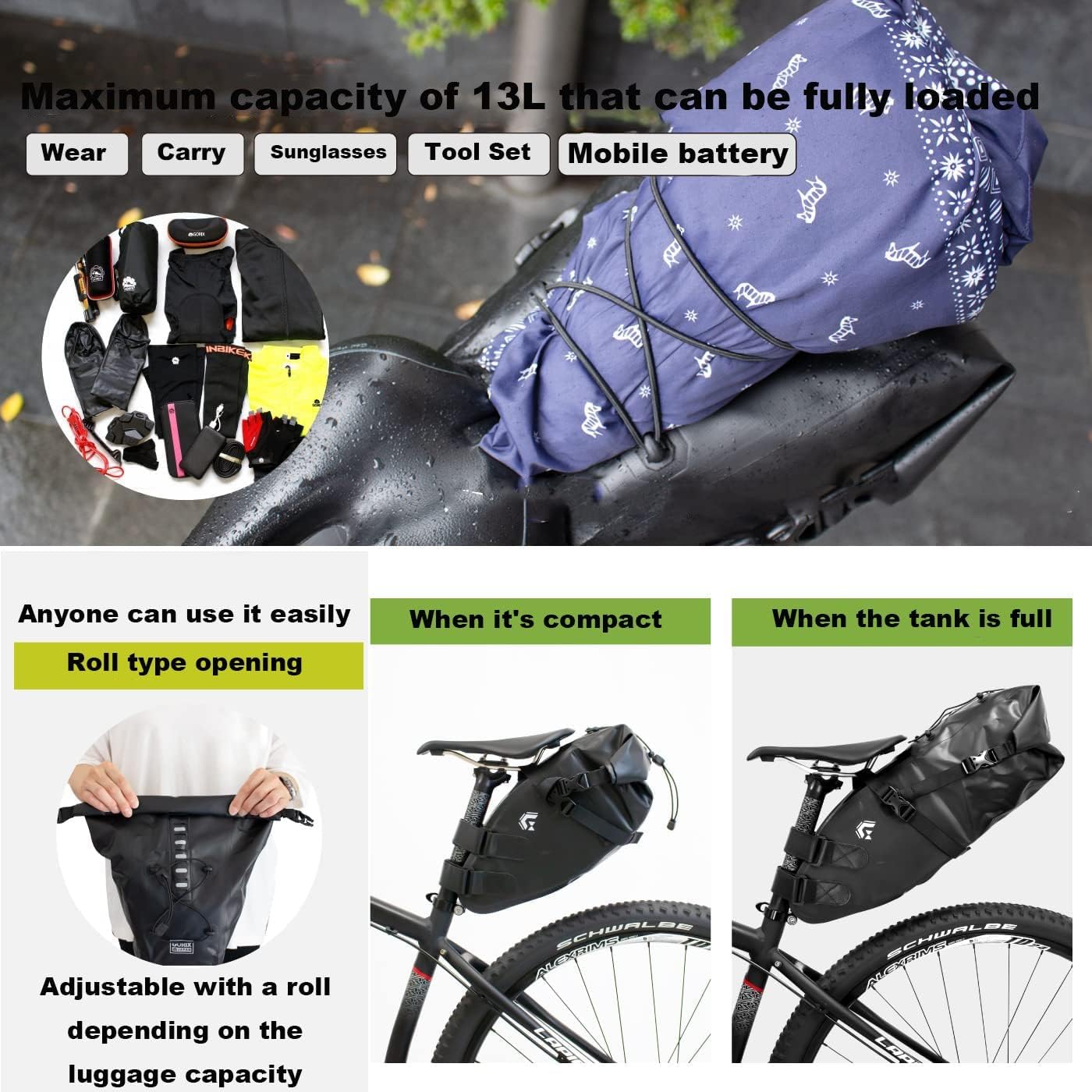 GORIX Bike Saddle Bag Waterproof Large Capacity 10-13L Road Mountain Bike Cycling Rear Seat Pack(GX-SB13)
