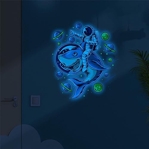 Calcomanías de pared luminosas de astronauta y tiburón, calcomanías de pared extraíbles de PVC del universo espacial para dormitorio, sala de estar,