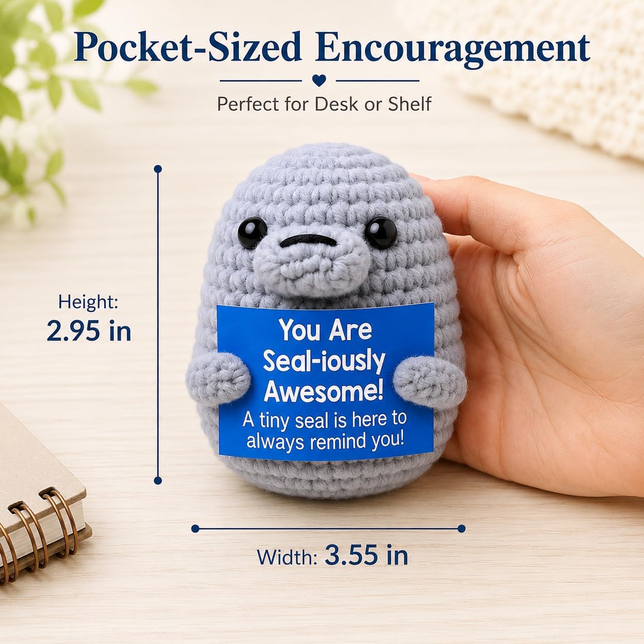Crochet Seal Positive Gift for Dad from Daughter Son Handmade Emotional Support Crochet Funny Pun Card Desk Decor Fathers Day Birthday Present for Father Men Women Coworker Friend Office Shelf Decor