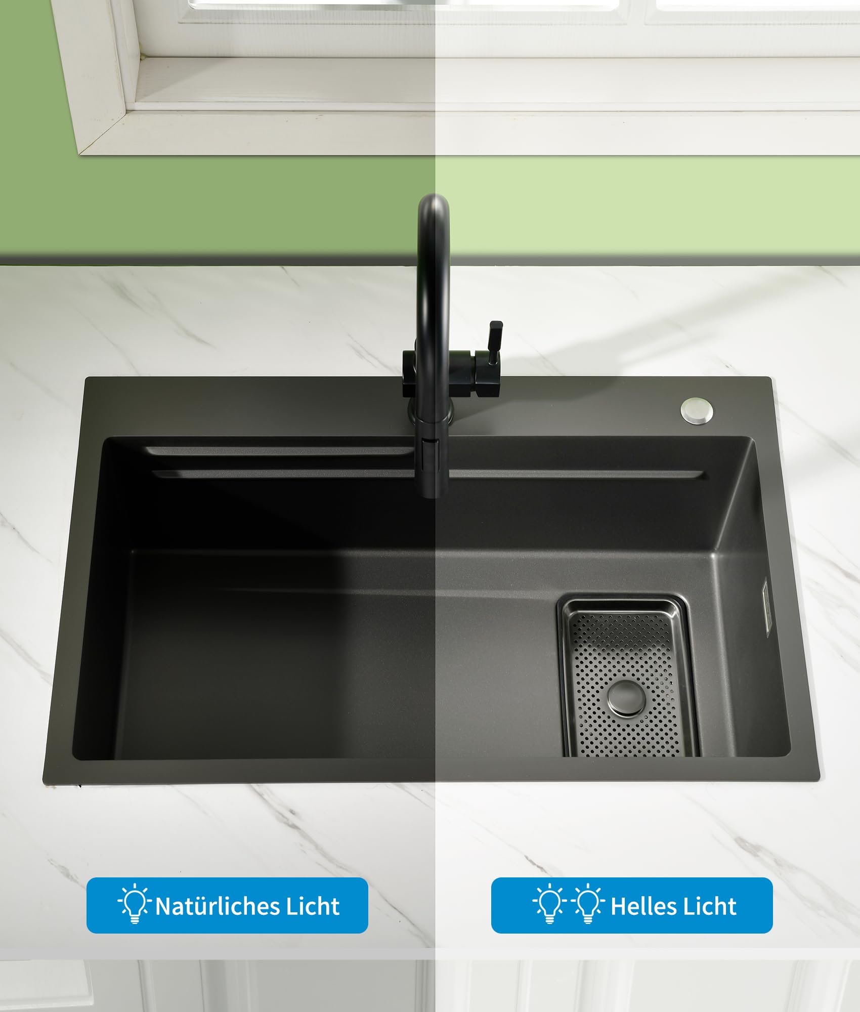 Evier Cuisine 1 Bac Noir 70 × 45 cm,Evier Inox 1 Bac,2 Trous Pour Robinets,Ensemble Comprenant Une CréPine,Un Bac De DéCongéLation,Un Panier De Vidange Et Un Siphon
