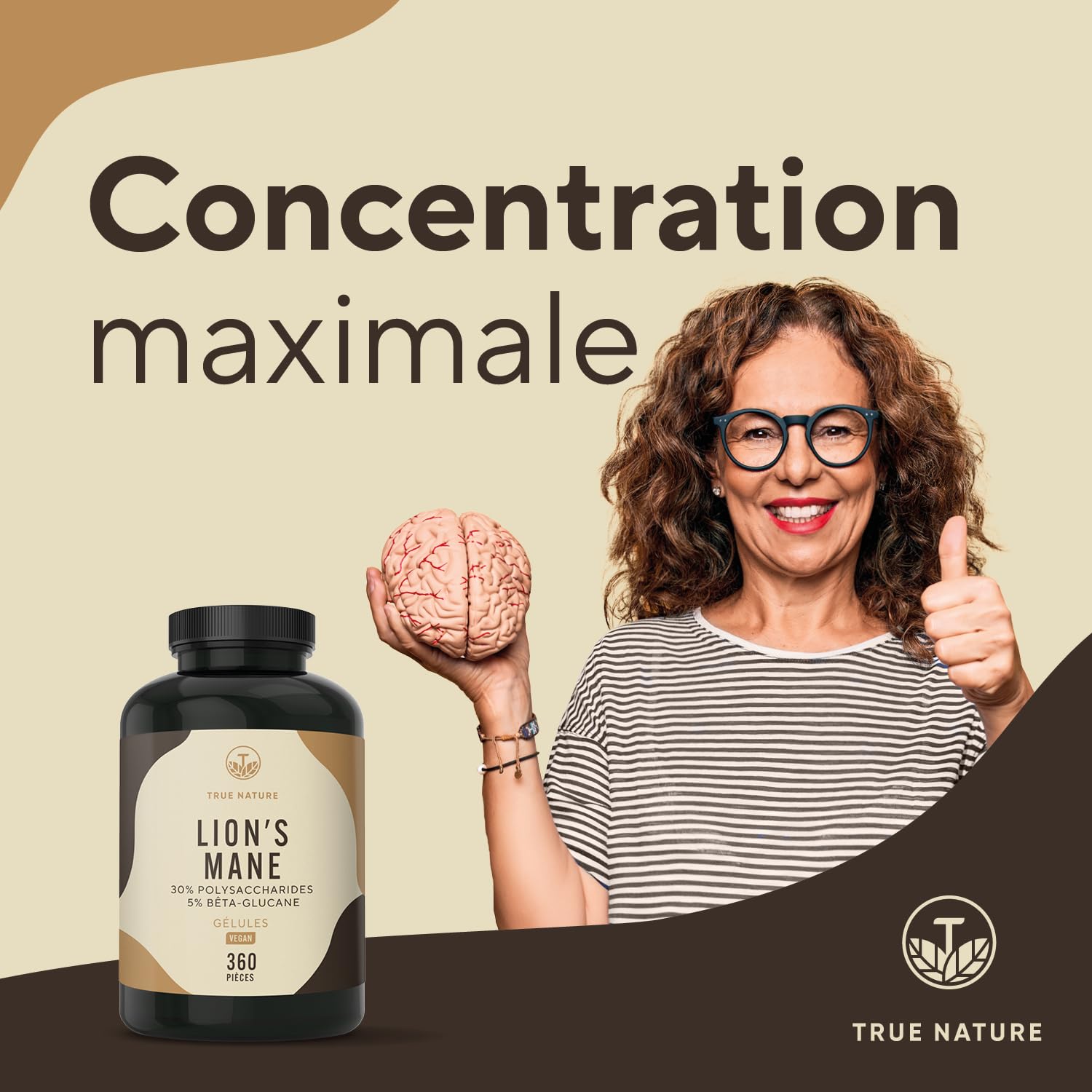 Lions Mane - 360 gélules - 60.000 mg de Criniere de lion (Extrait 30:1) - Hericium Erinaceus – Polysaccharides & Bêta-Glucanes – Vegan – Crinière de Lion– TRUE NATURE