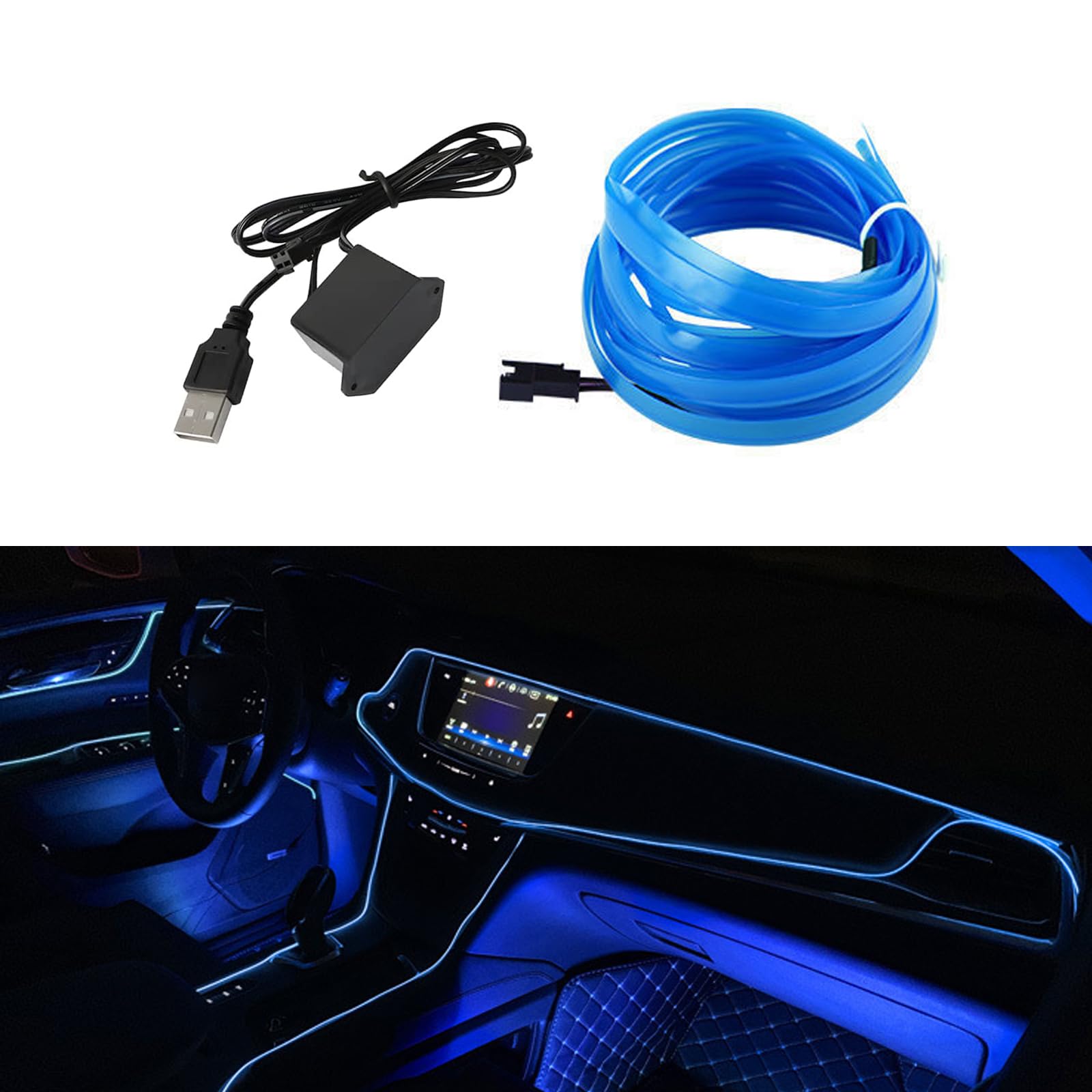 1 PC DC12V Constant Bright LED Light Strip, 16.4Ft Car Ambient Light Cold Light with USB Interface, Wiring-Free Decoration Accessories, Suitable for Various Car Models (Blue)