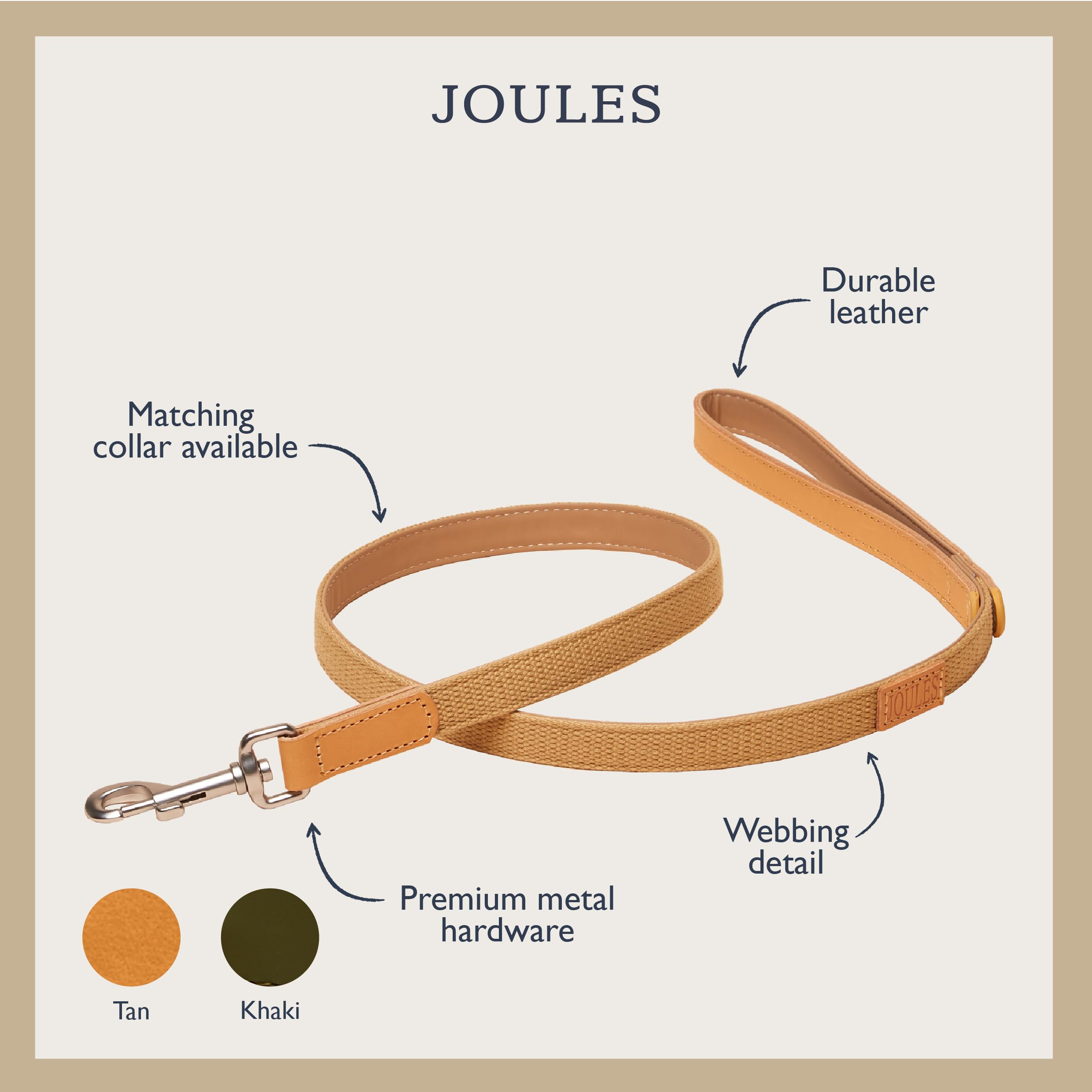 Rosewood x Joules Tan Dog Lead - Durable Leather and Webbing Detail, Stylish Design with Brushed Metal Clip, Premium Pet Accessory - Image 2