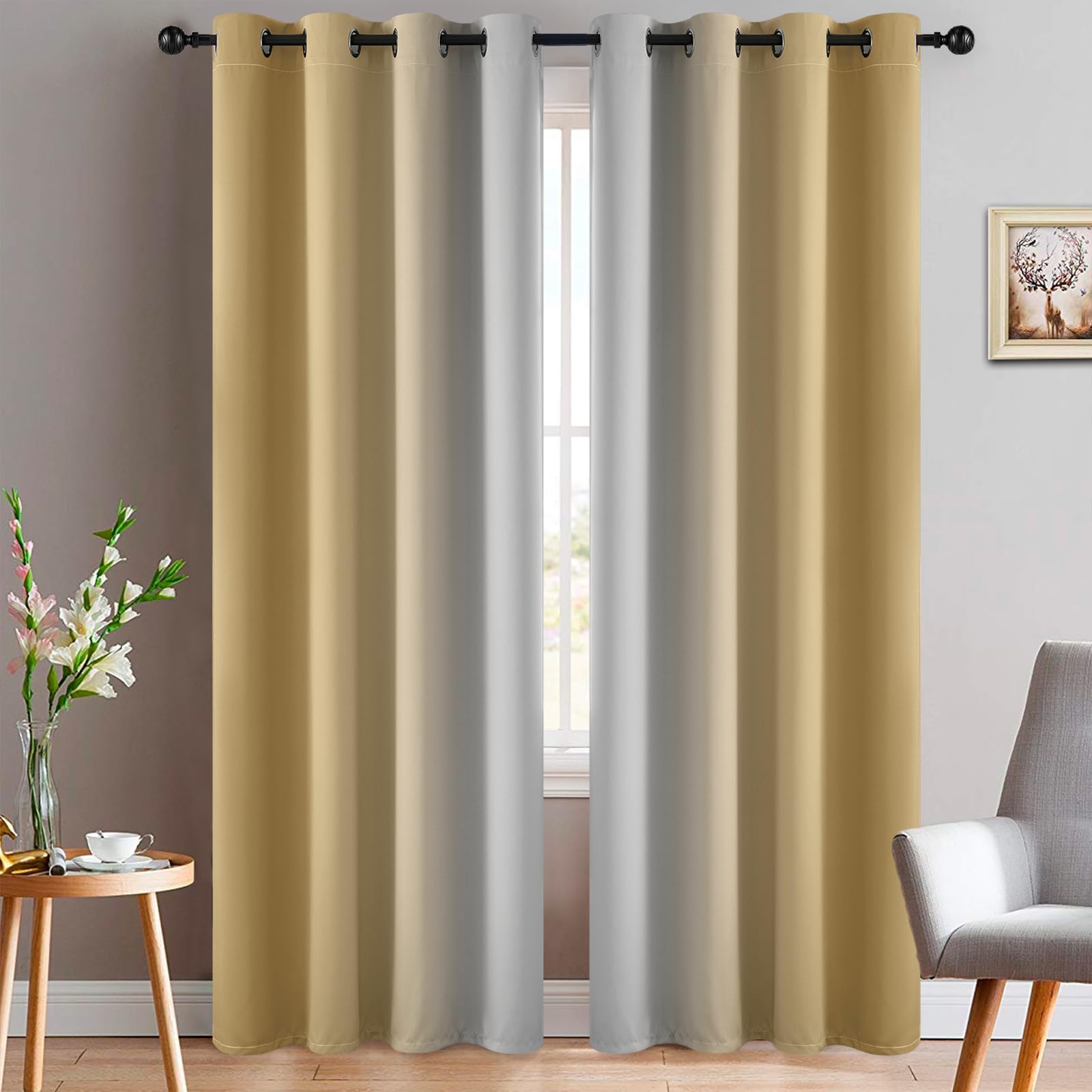 Yakamok Beige and Greyish-White Ombre Curtains, Gradient Color Room Darkening Drapes for Bedroom and Living Room (2 Panels, 52x84 Inch) โ image 1