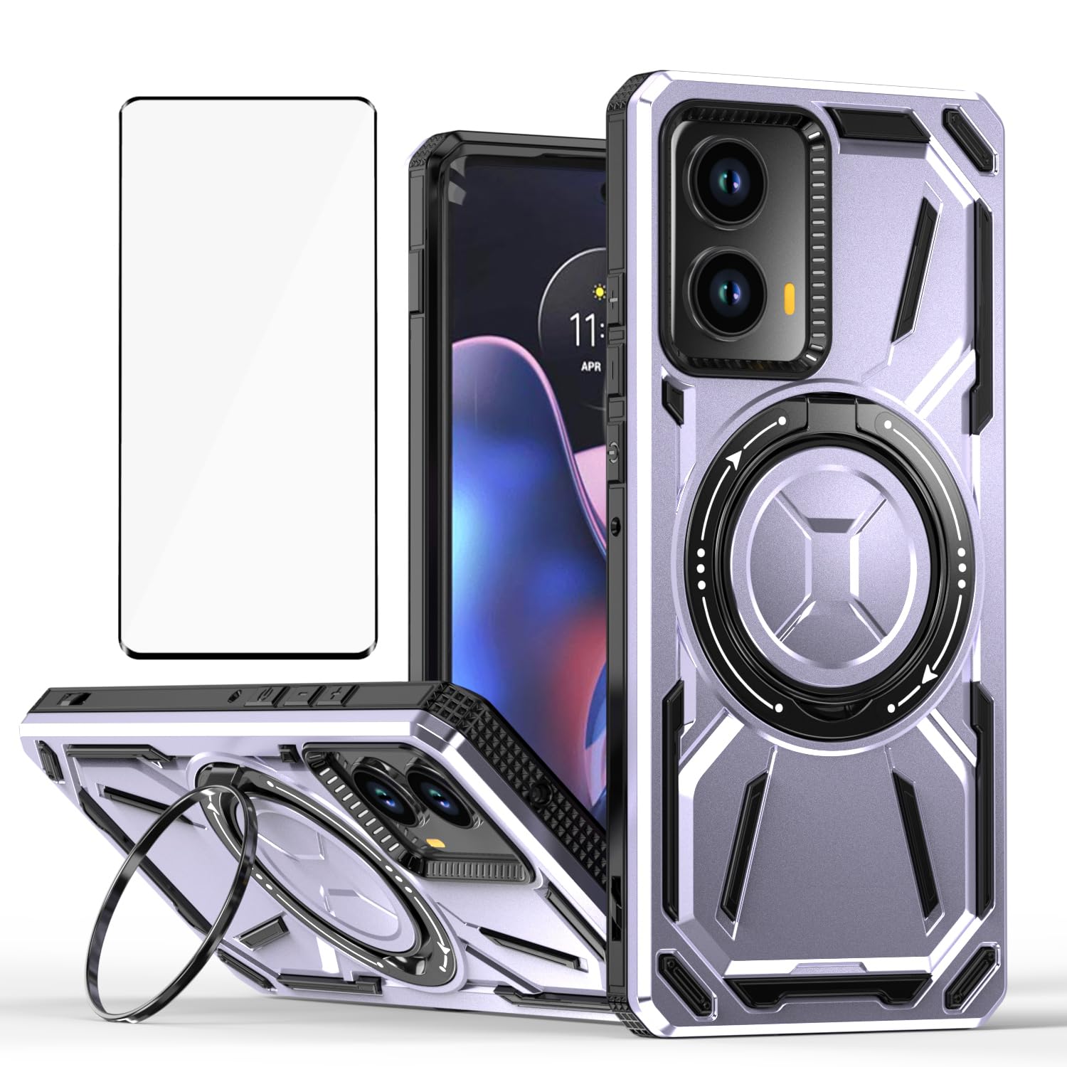 Asuwish Compatible with Motorola Edge 5G 2024 Phone Case and Tempered Glass Screen Protector Metal Ring Holder Stand Kickstand Shockproof Moto