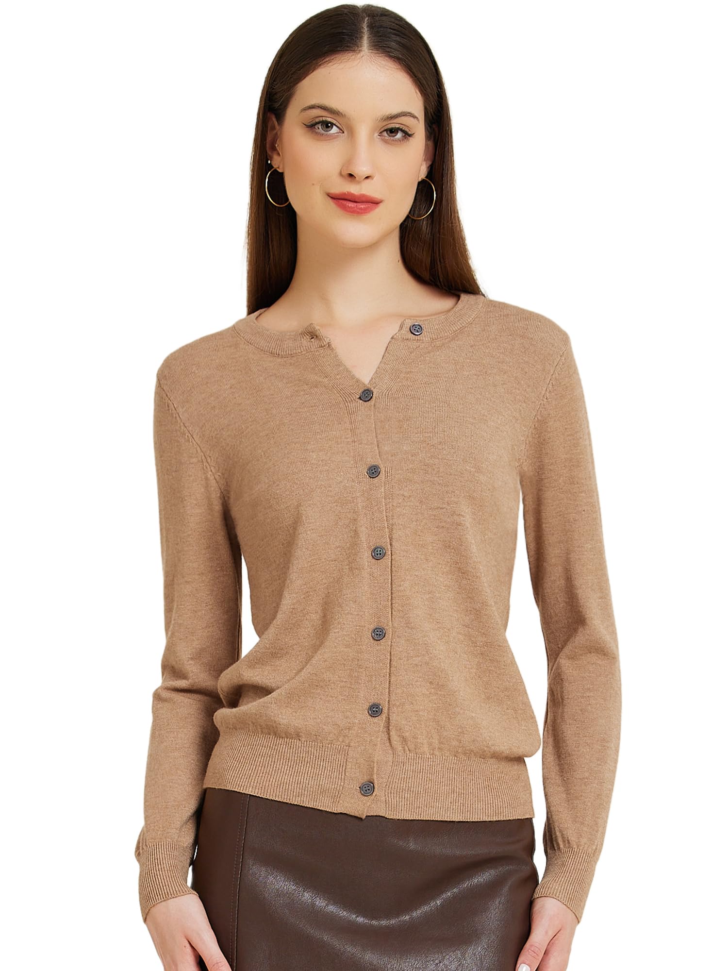 Allegra K Cardigan léger à manches longues et col rond boutonné pour femme