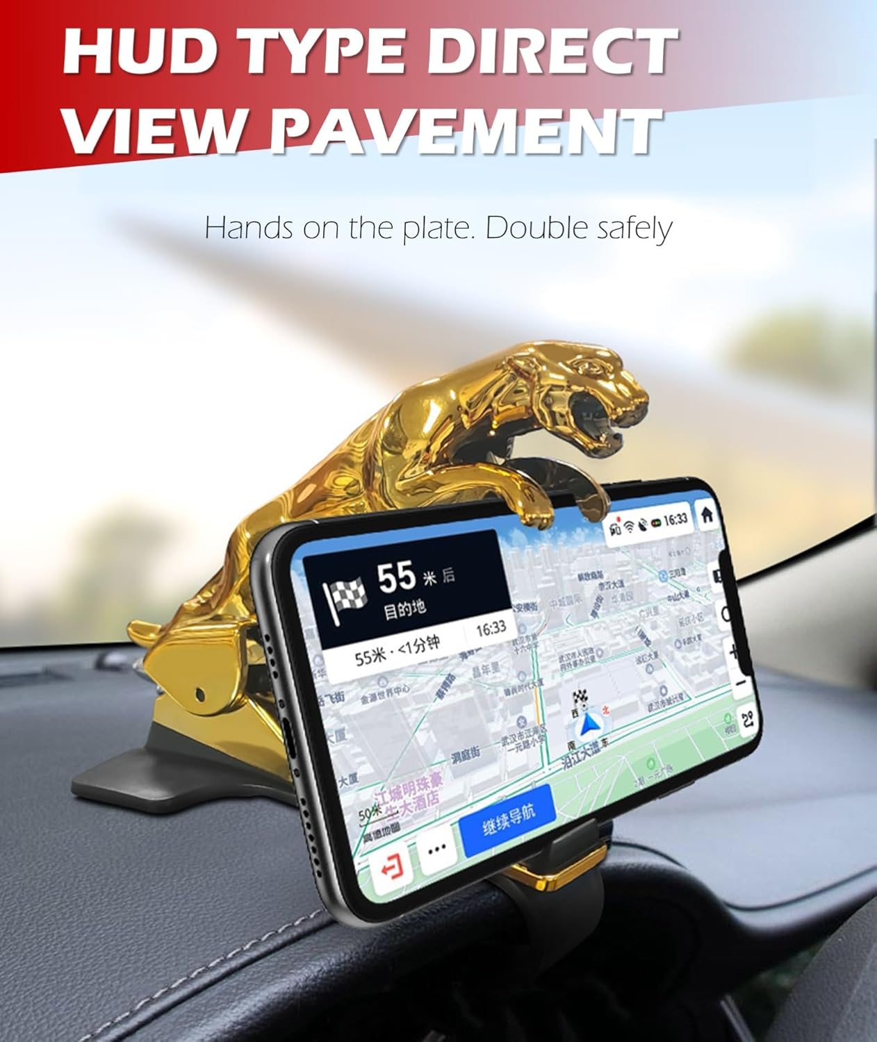 Car Phone Holder - Multi-Functional Jaguar-Inspired Dashboard Mount for 6.5'' Phones, HUD-Style Direct Viewing & Decorative Automotive Accessory (Chrome)