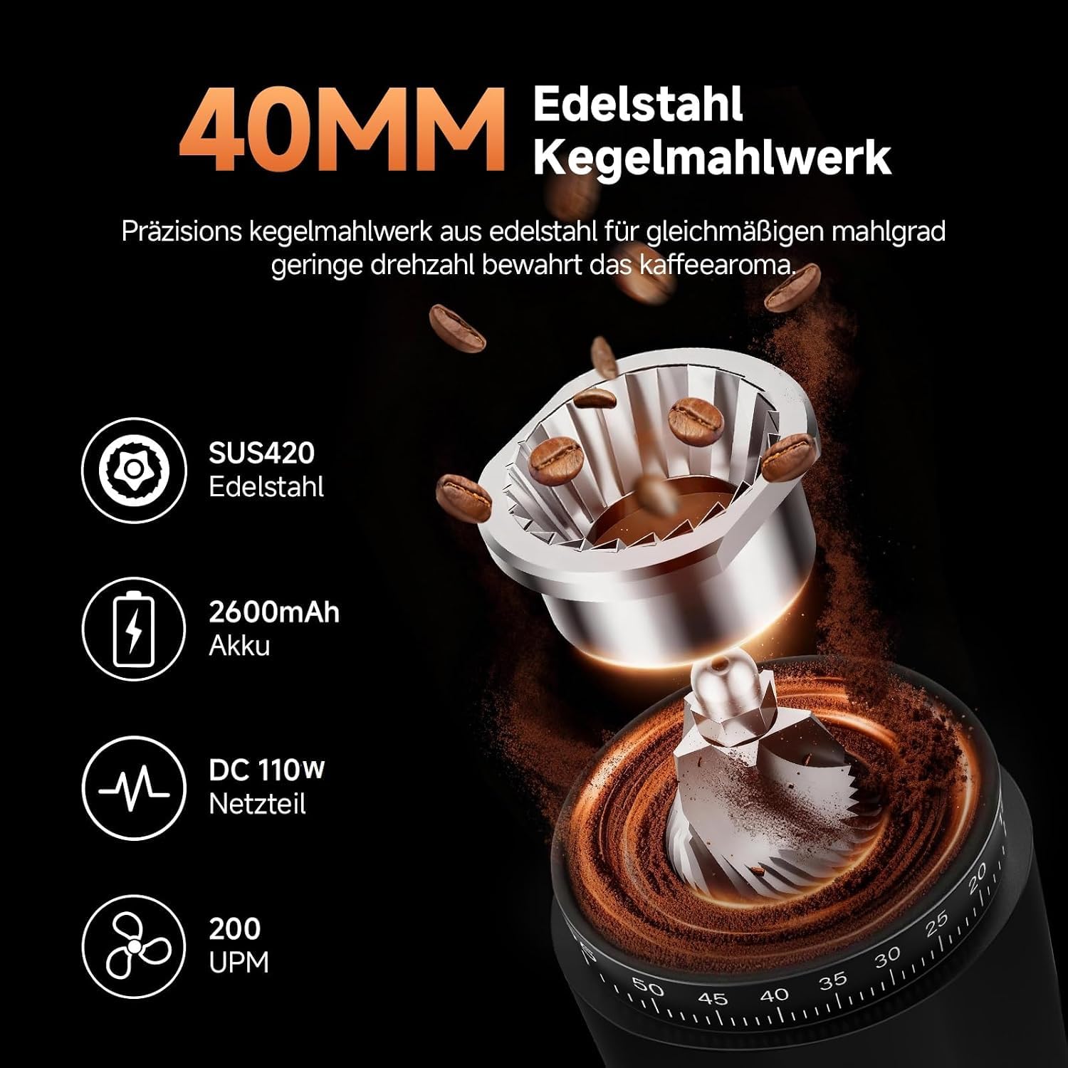 AAOBOSI Molinillo de café eléctrico | Molinillo de cono ajustable de 60 niveles, portátil, recargable