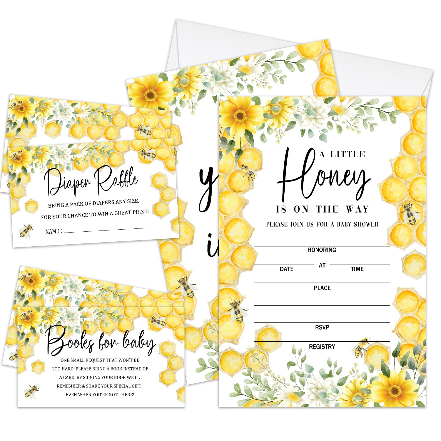 Boy Girl Baby Shower Invitations for Boy Girl, Set of 25 Baby Shower Invites Honey Bee Gender Reveal Invites Cards with Envelopes, Book Request Cards,