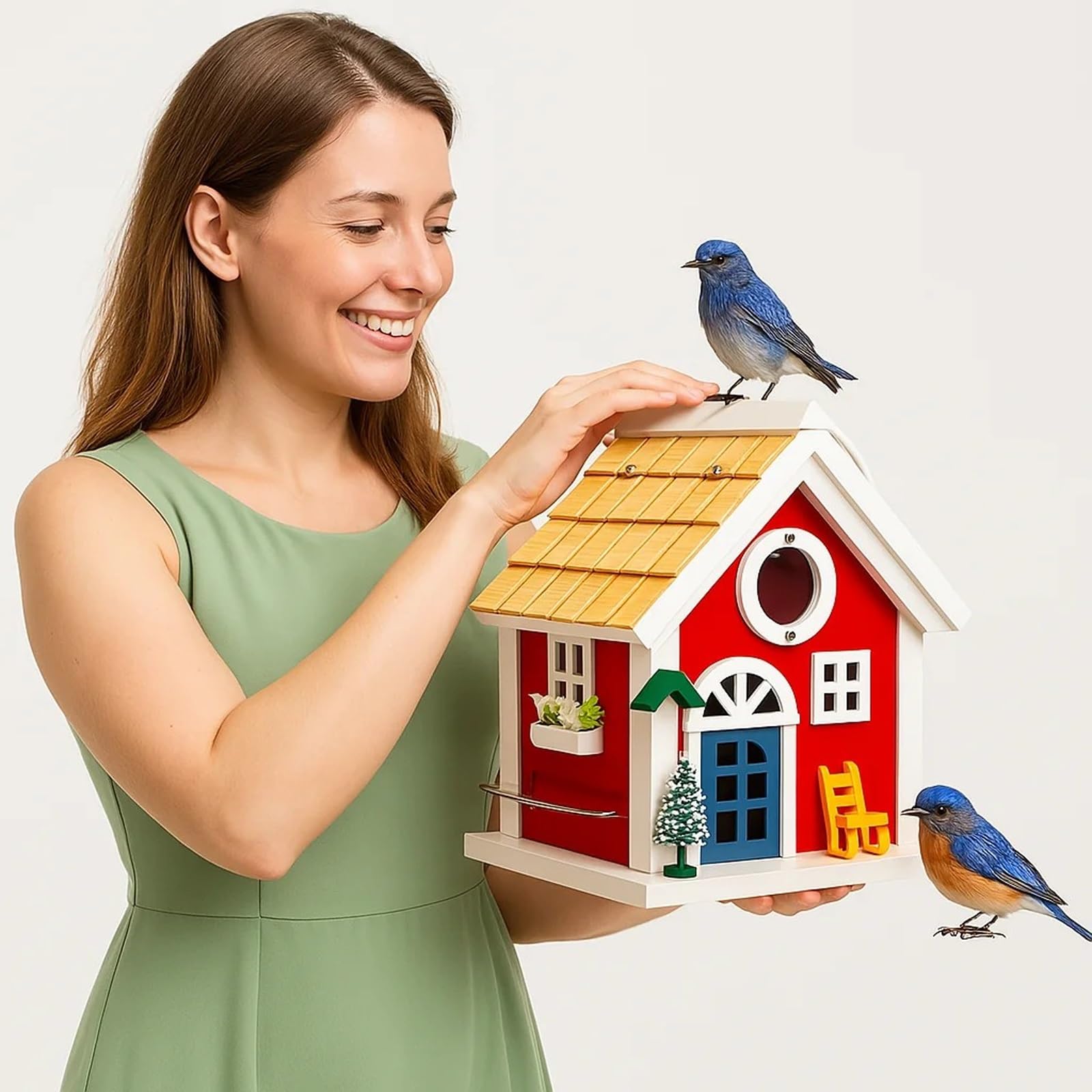 Comedero para Pájaros Colgante, Comedero Pajaros Exterior, Estilo Cabaña Rústica, Tapa Superior Abatible para Rellenar, para Jardín o Balcón