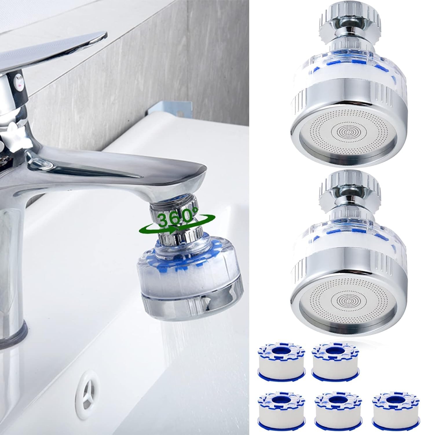 2 Pcs Sink Filter Water Faucet, Universal 360 ° Rotating Bathroom Sink Filter, Filtration Removes Chlorine Fluoride Heavy Metals Hard Water for Home & Kitchen